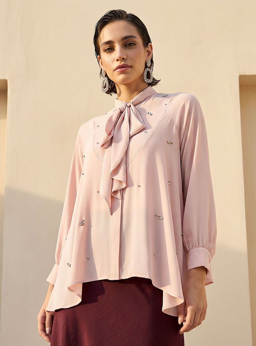 Iconic Regular Fit Pussy Bow Neck Top with Embellishment-women-clothing-shirtsandblouses-blouses-image-1