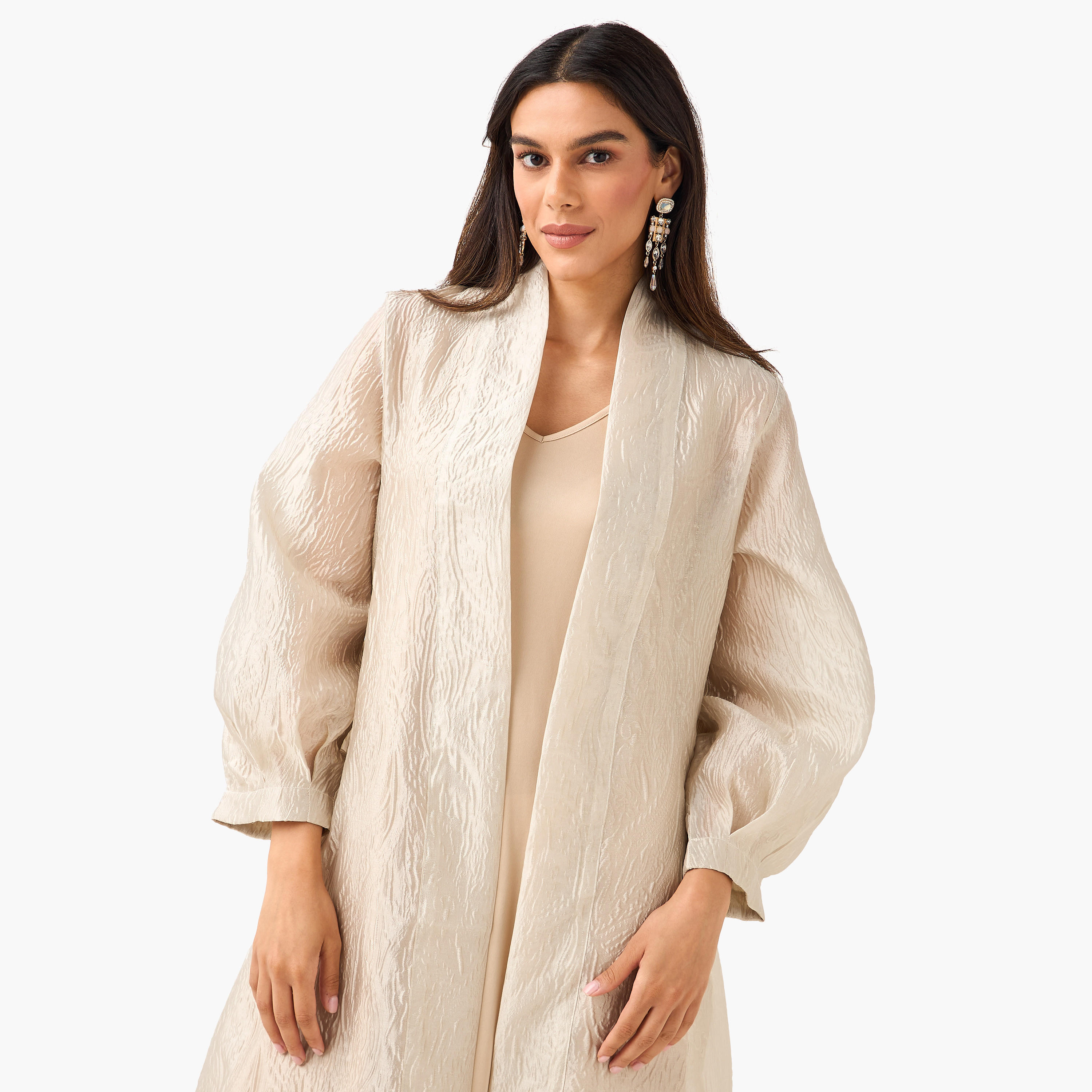 سترة شروغ كيمونو طويلة بارزة الملمس بمقدمة مفتوحة من آيكونيك-women-clothing-coordsets-image-1