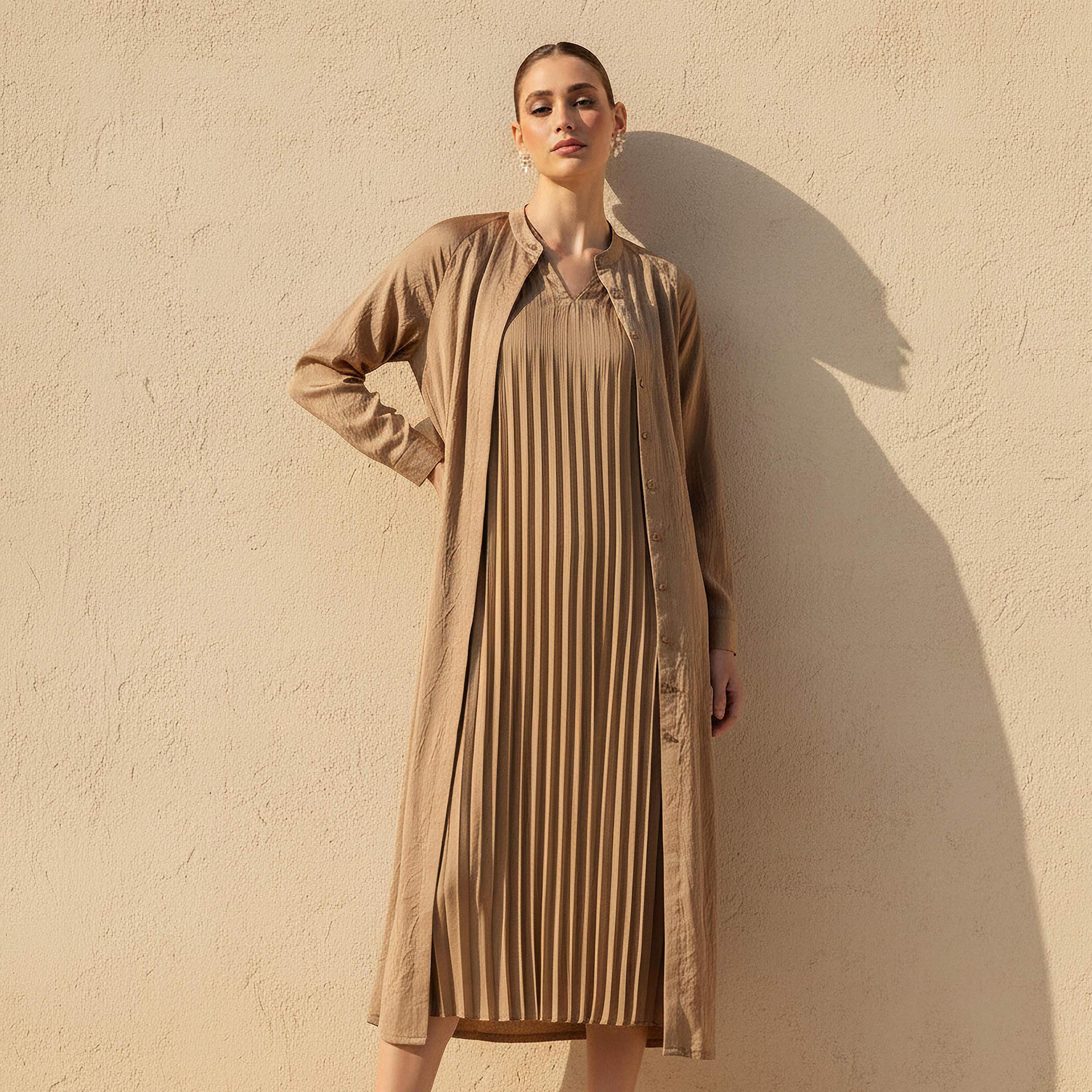 فستان إيه لاين بكسرات مع سترة طويلة من أيكونيك-women-clothing-coordsets-image-1