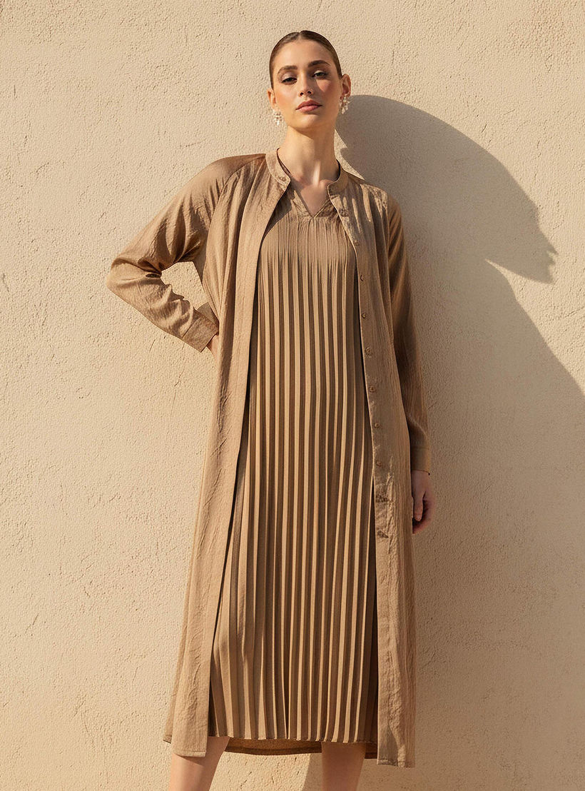 فستان إيه لاين بكسرات مع سترة طويلة من أيكونيك-women-clothing-coordsets-image-1