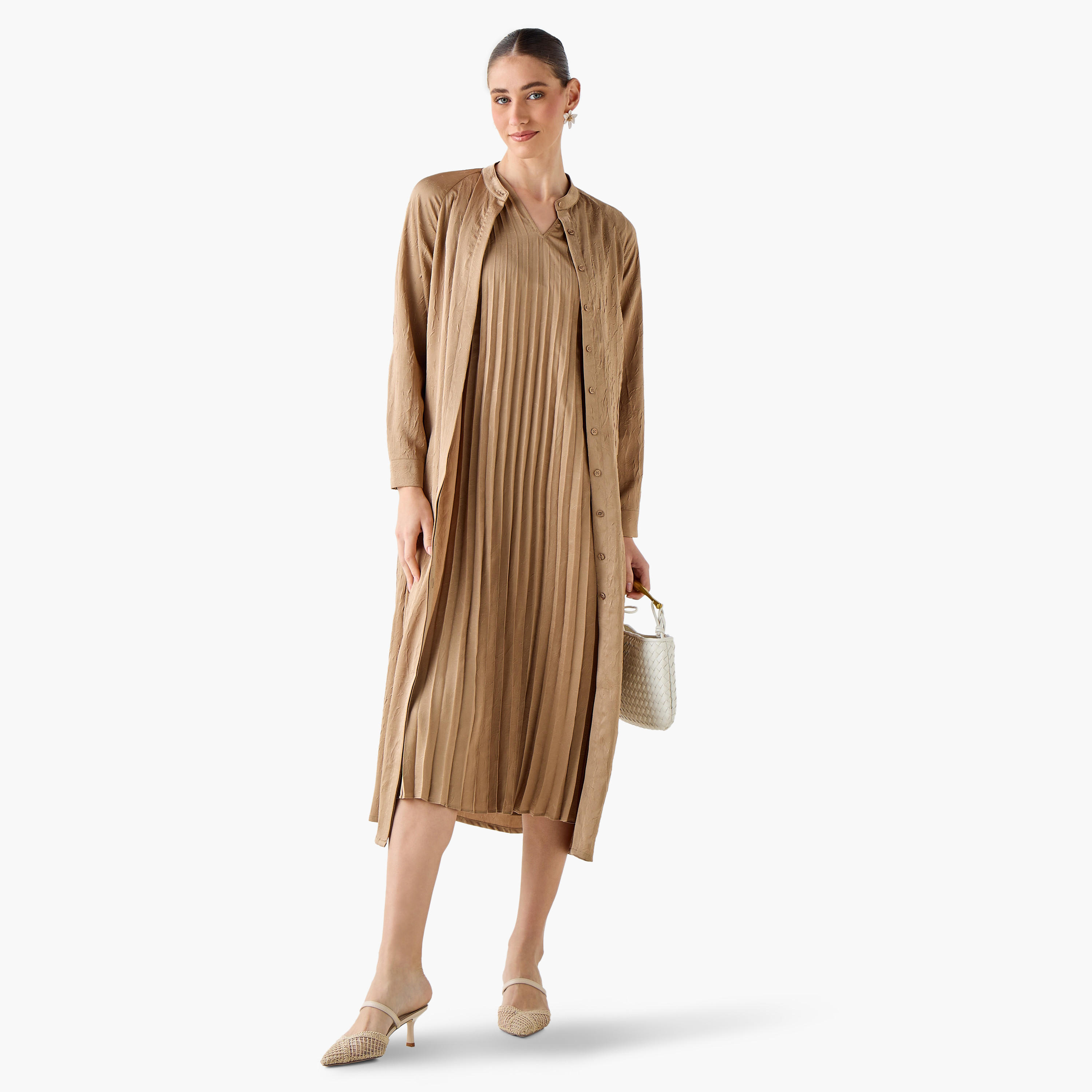 فستان إيه لاين بكسرات مع سترة طويلة من أيكونيك-women-clothing-coordsets-image-3