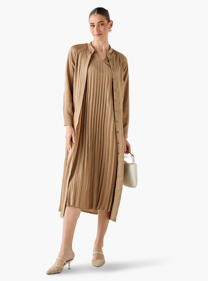 فستان إيه لاين بكسرات مع سترة طويلة من أيكونيك-women-clothing-coordsets-image-3