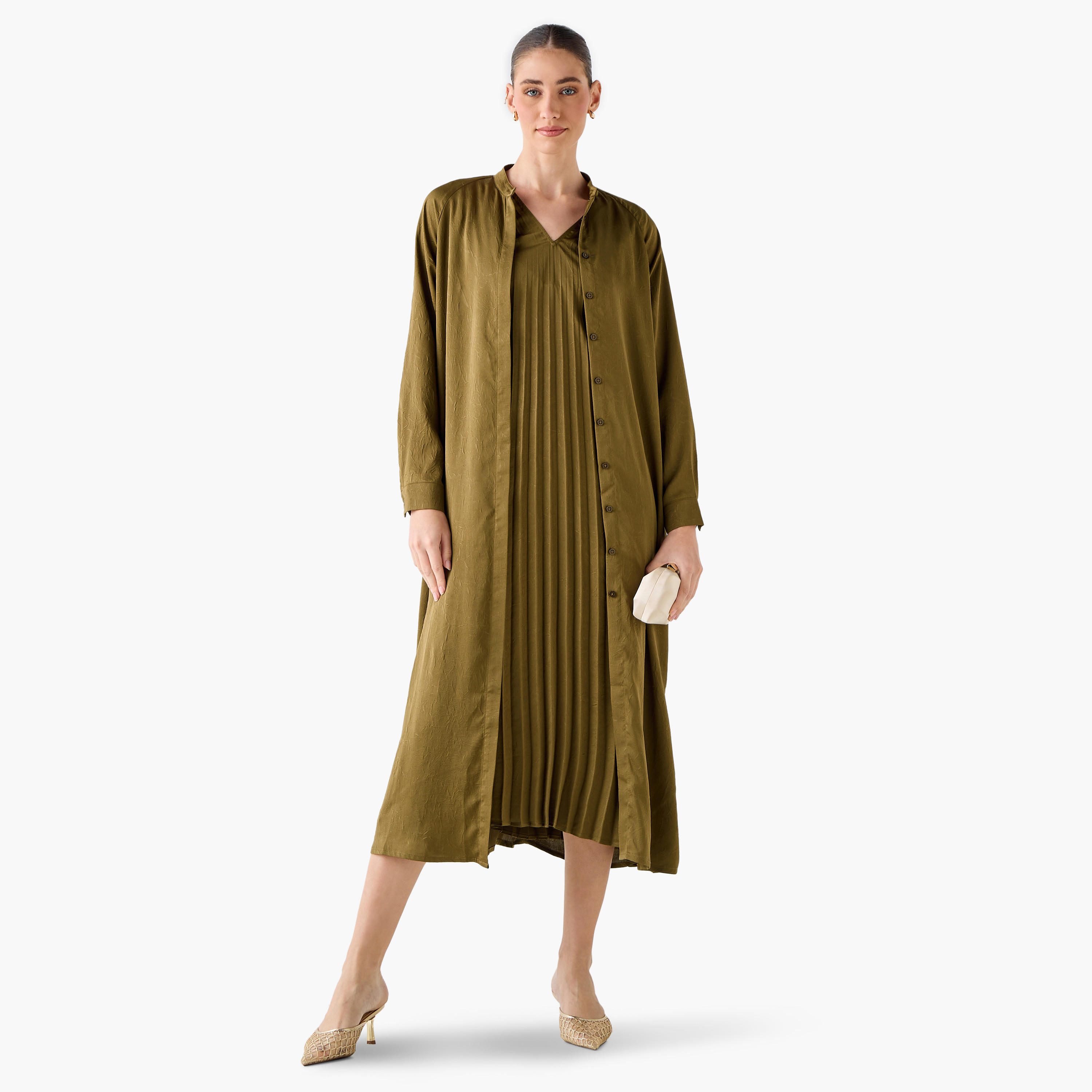 فستان إيه لاين بكسرات مع سترة طويلة من أيكونيك-women-clothing-coordsets-image-3
