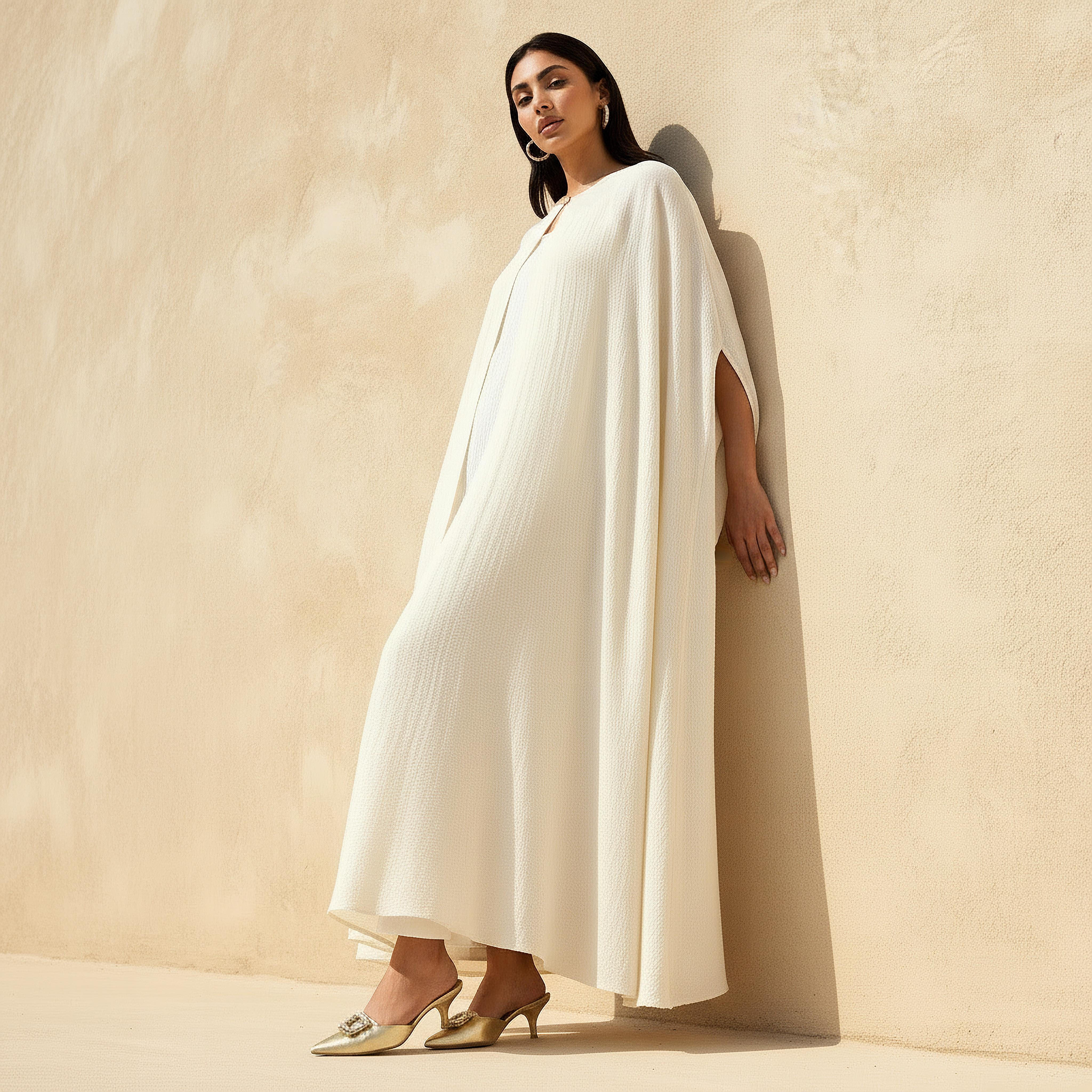 فستان ماكسي إيه لاين بارز الملمس مع كاب بتفاصيل زر من آيكونيك-women-clothing-coordsets-image-1