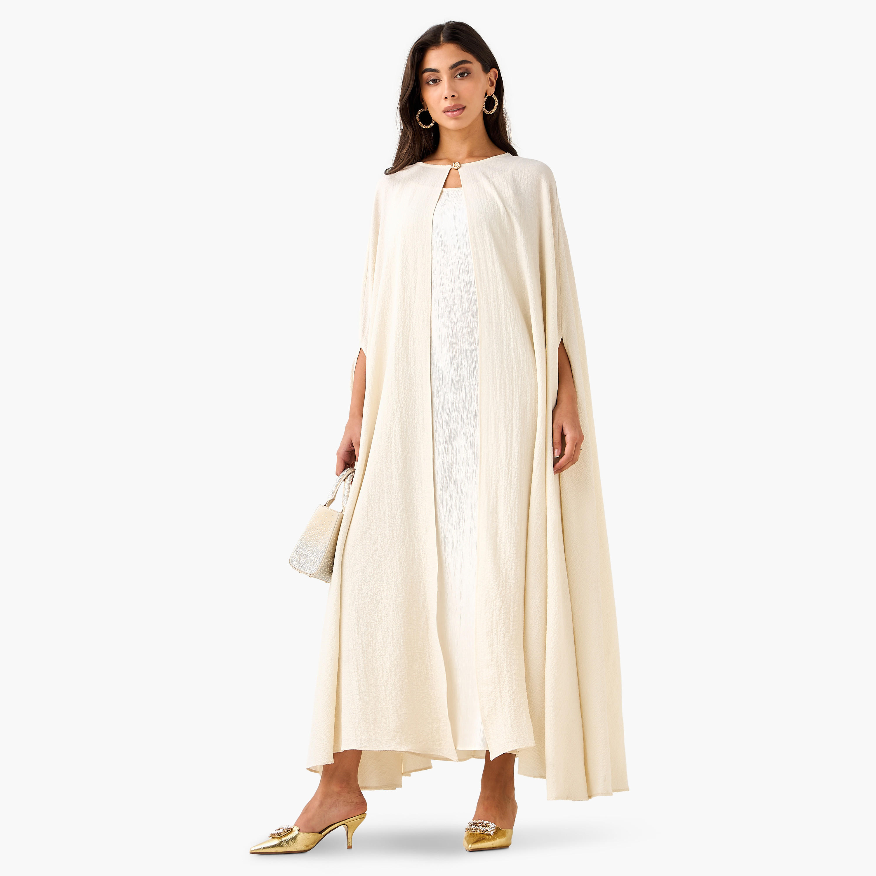فستان ماكسي إيه لاين بارز الملمس مع كاب بتفاصيل زر من آيكونيك-women-clothing-coordsets-image-3