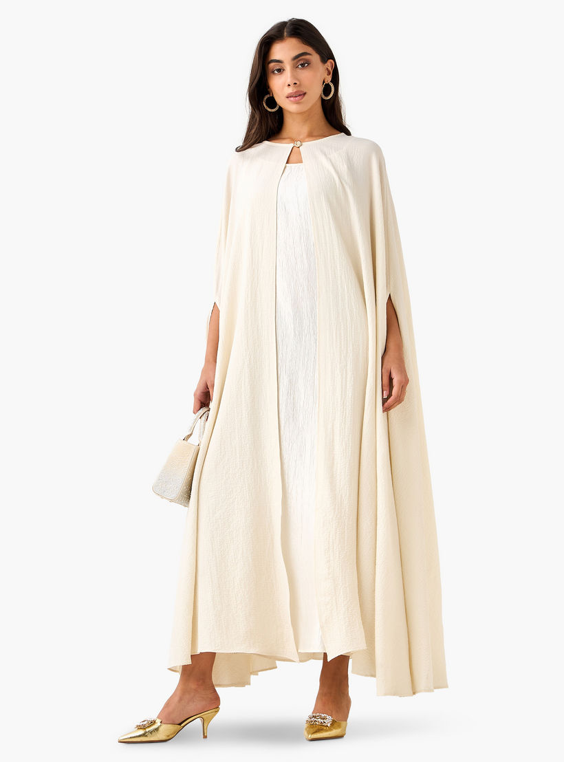فستان ماكسي إيه لاين بارز الملمس مع كاب بتفاصيل زر من آيكونيك-women-clothing-coordsets-image-3