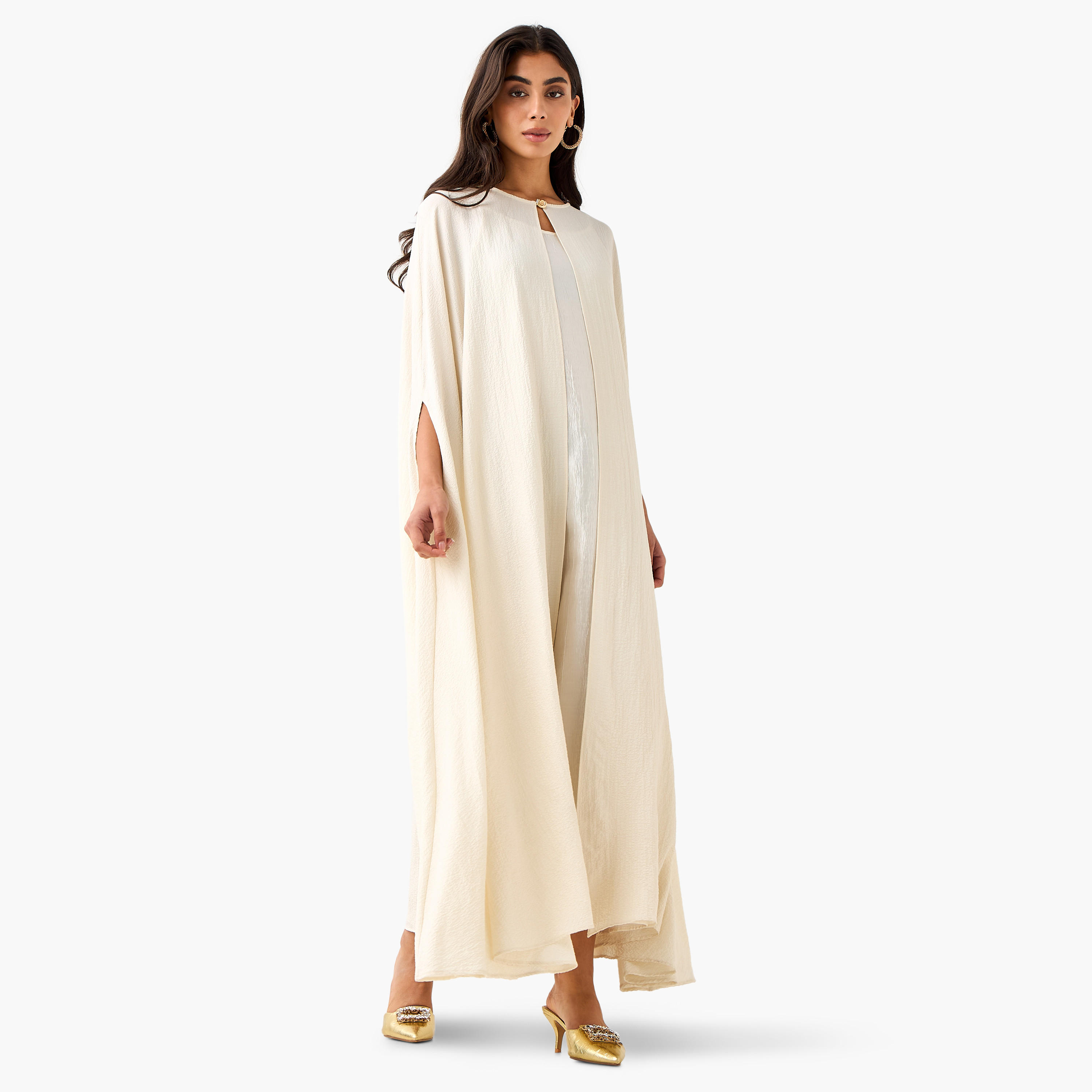 فستان ماكسي إيه لاين بارز الملمس مع كاب بتفاصيل زر من آيكونيك-women-clothing-coordsets-image-4