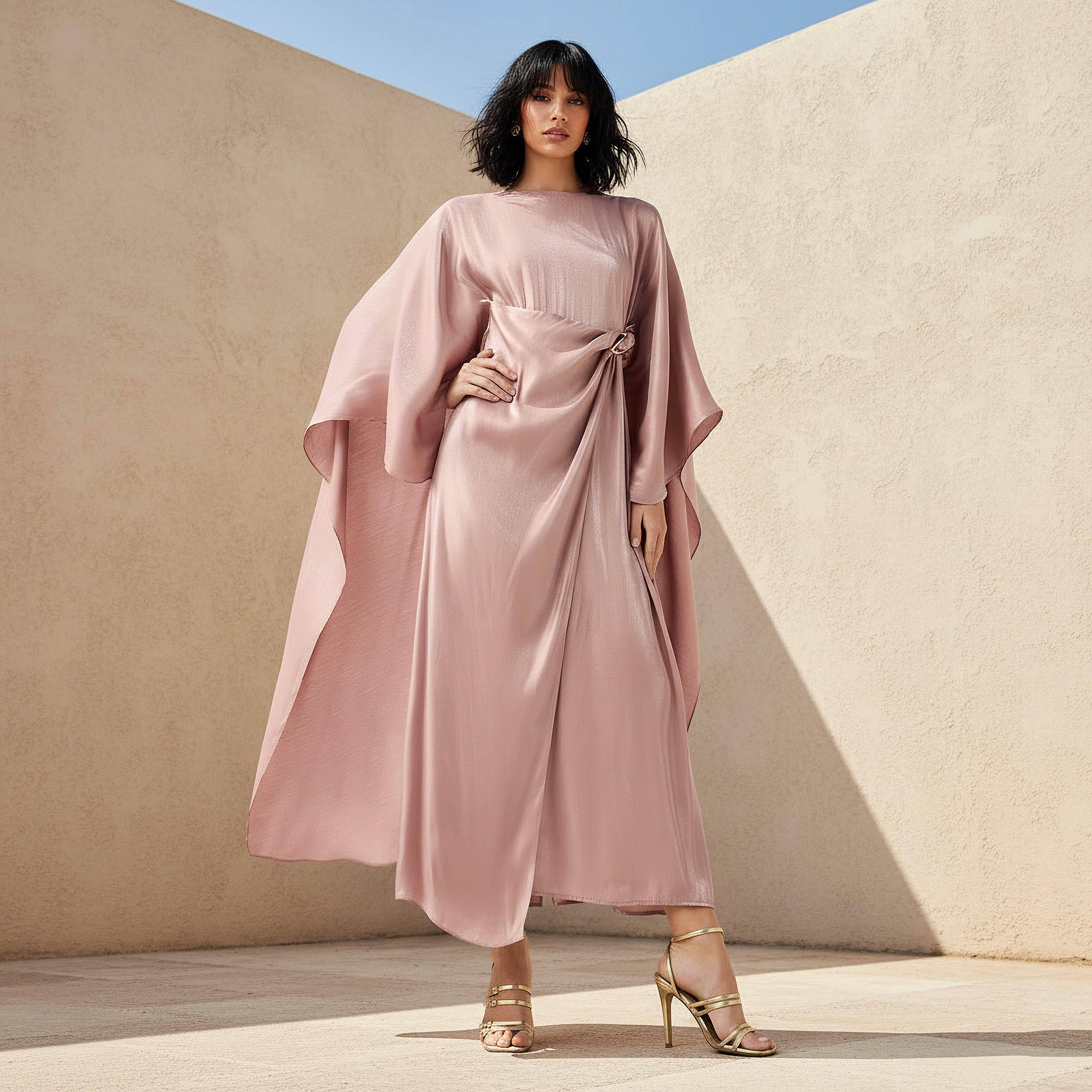 Iconic Cape Kaftan Women Dress with Knot Buckle Detail-women-clothing-dresses-image-3