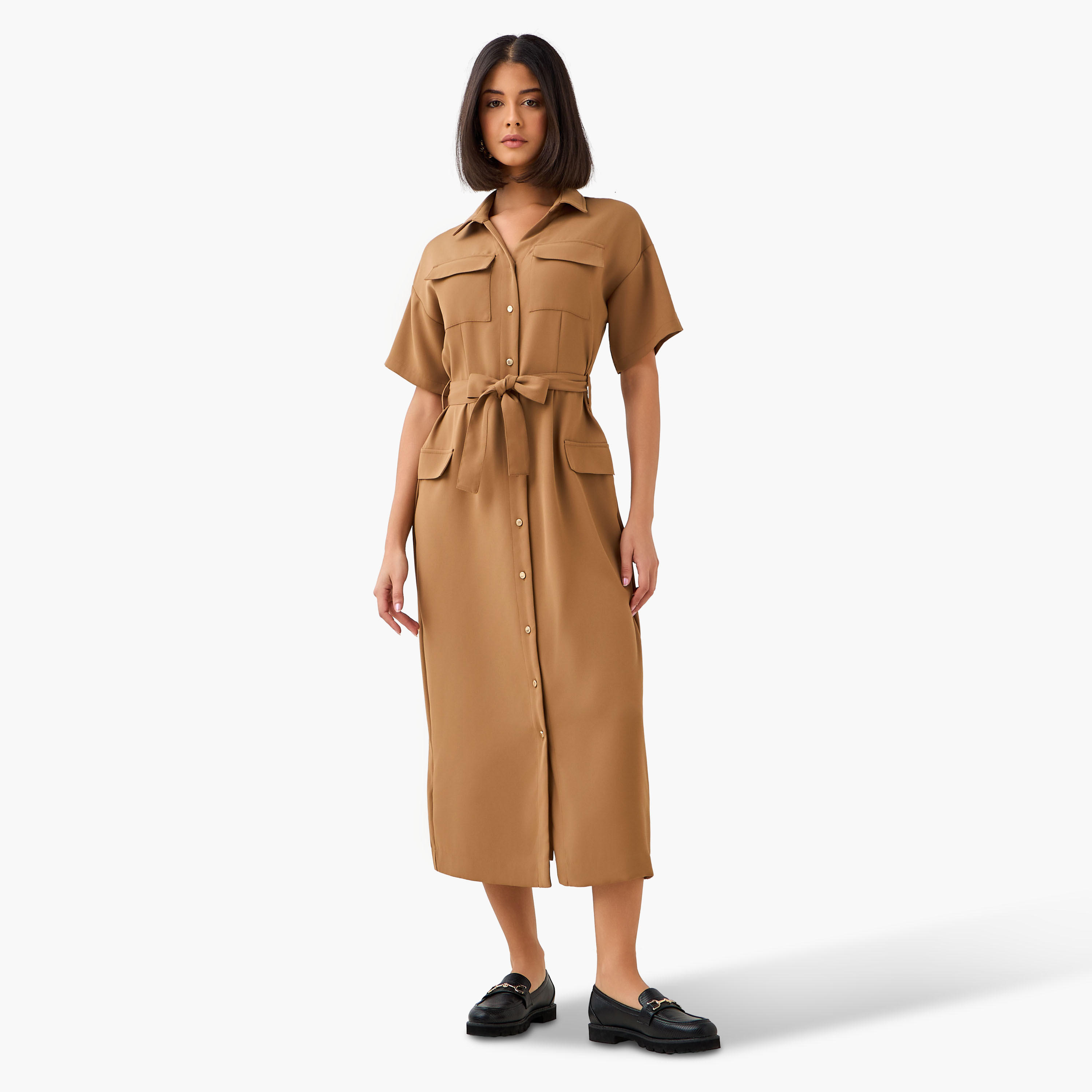 Iconic Midi Belted Linen Blend Shirt Dress with Pocket Detail-women-clothing-dresses-image-3
