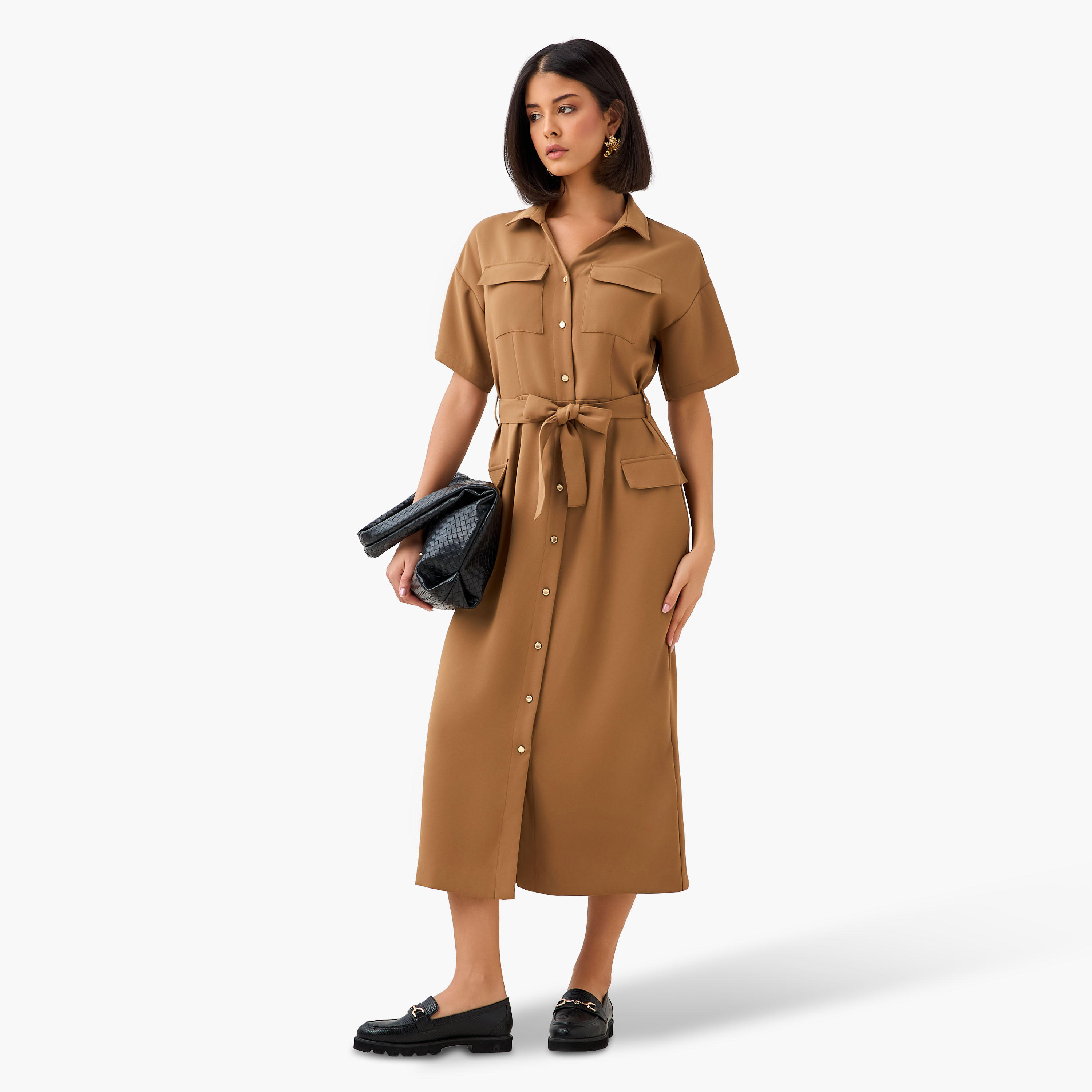 Iconic Midi Belted Linen Blend Shirt Dress with Pocket Detail-women-clothing-dresses-image-4