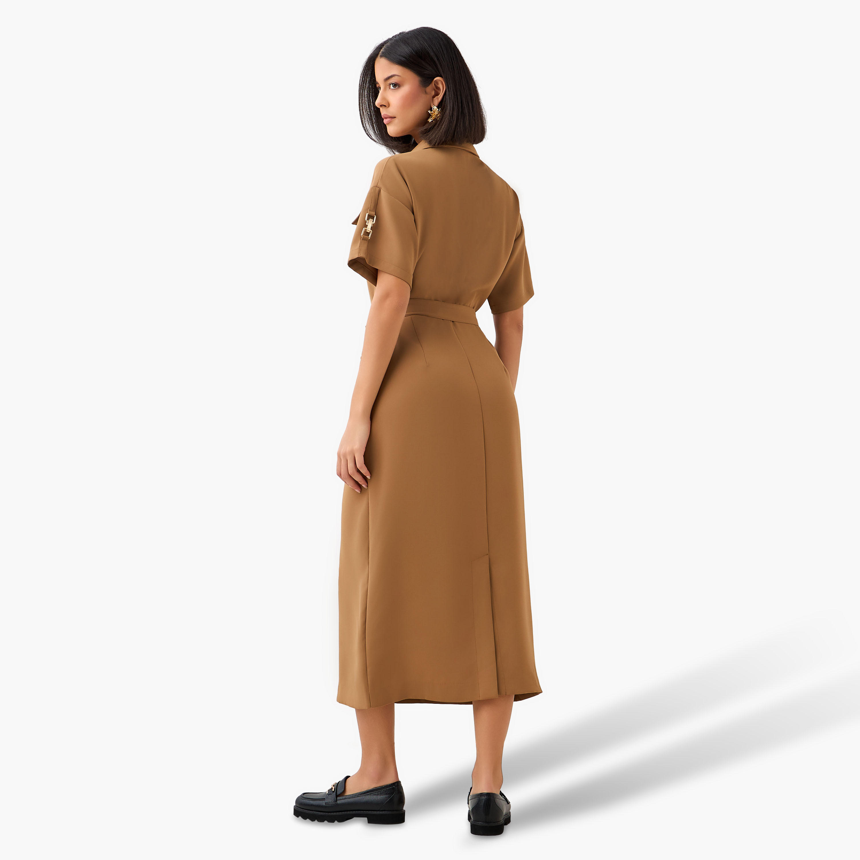 Iconic Midi Belted Linen Blend Shirt Dress with Pocket Detail-women-clothing-dresses-image-5