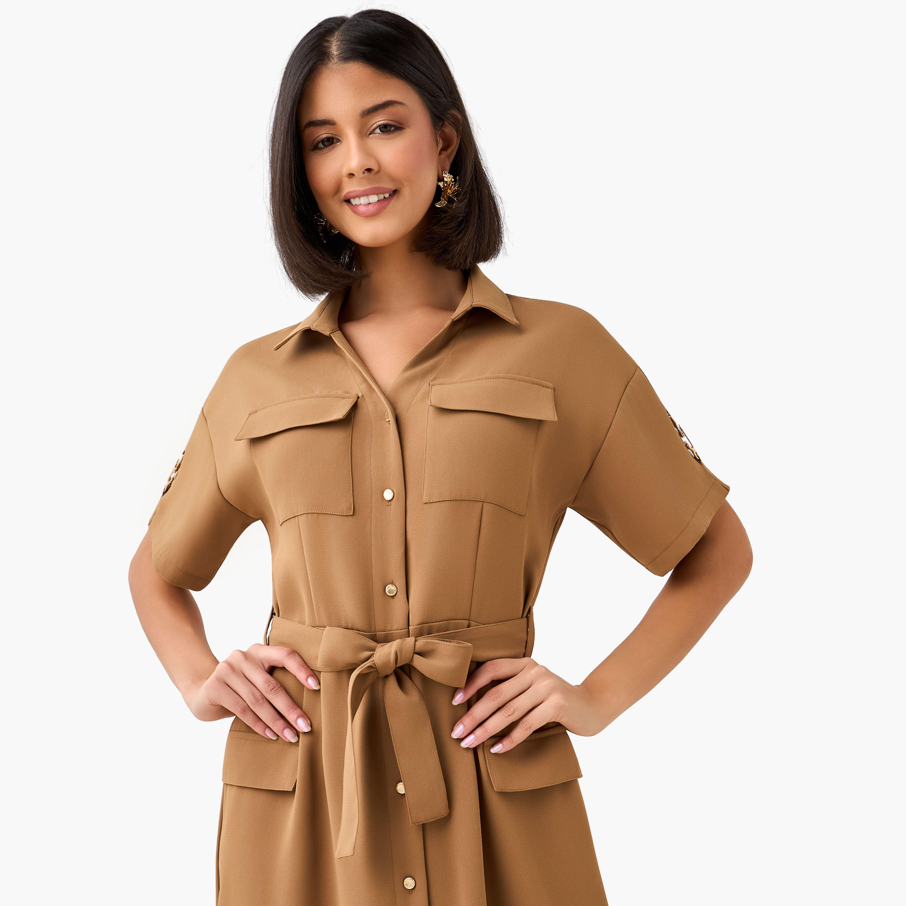 Iconic Midi Belted Linen Blend Shirt Dress with Pocket Detail-women-clothing-dresses-image-6