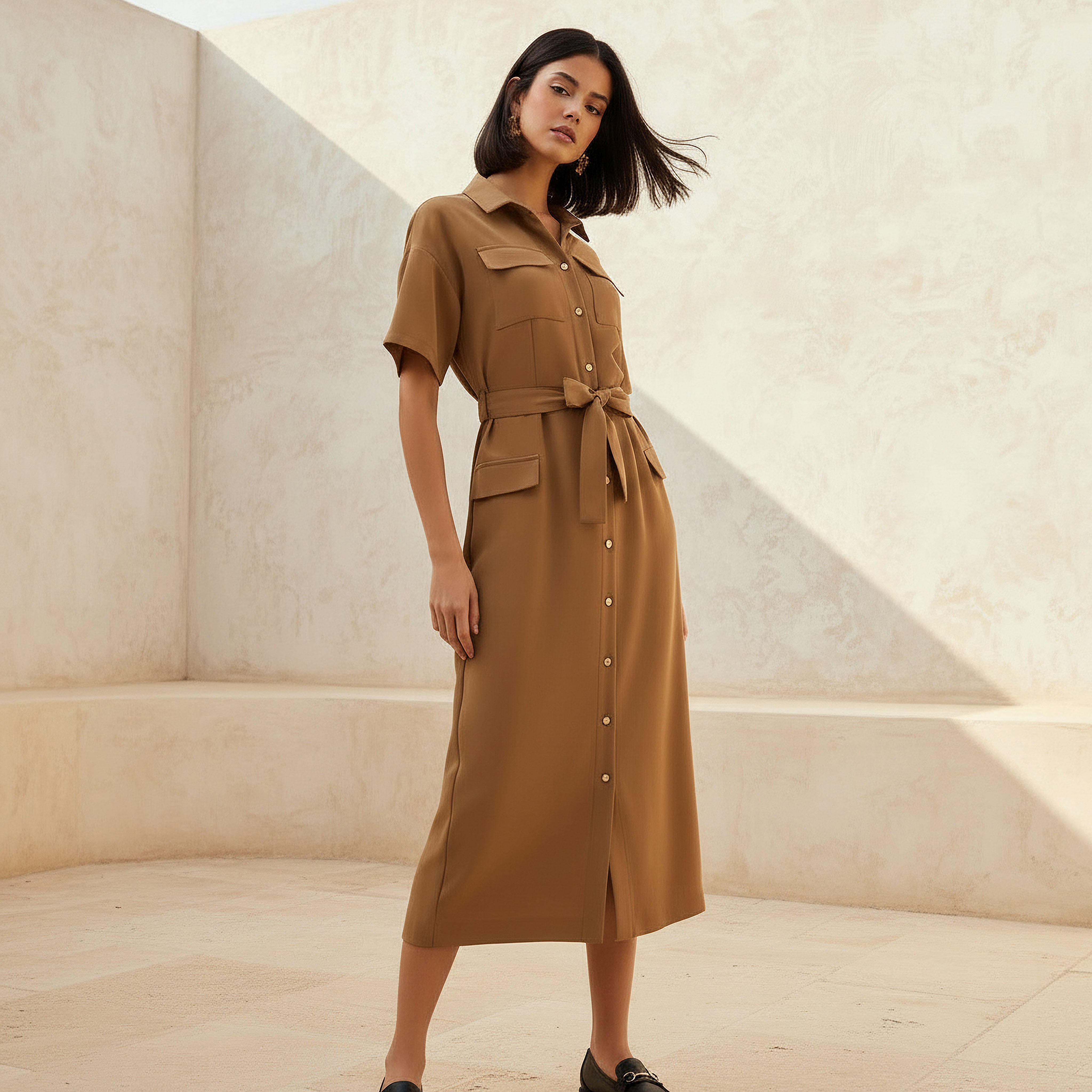 Iconic Midi Belted Linen Blend Shirt Dress with Pocket Detail-women-clothing-dresses-image-1