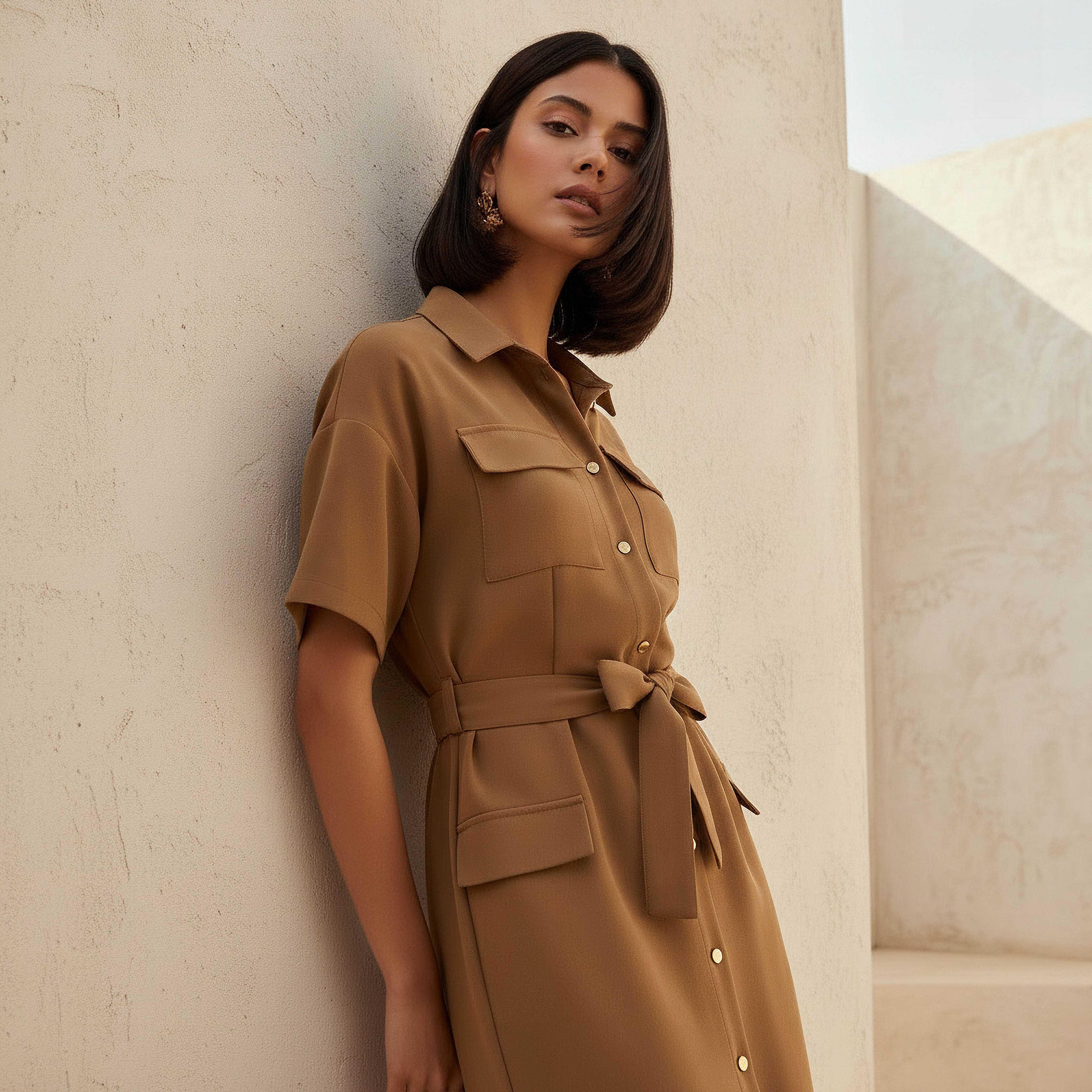 Iconic Midi Belted Linen Blend Shirt Dress with Pocket Detail-women-clothing-dresses-image-2
