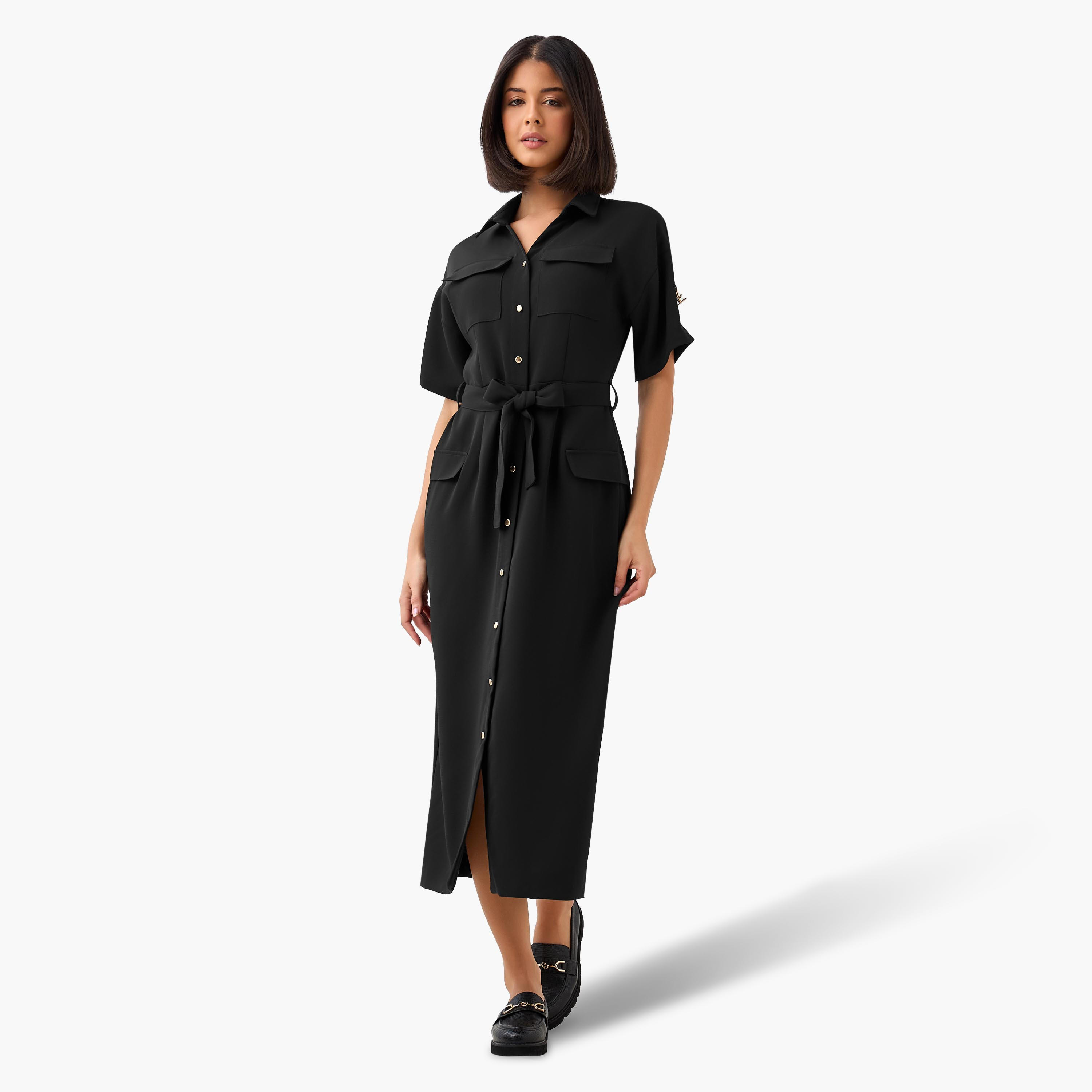 فستان قميص مزيج الكتان ميدي بحزام وتفاصيل جيوب من آيكونيك-women-clothing-dresses-image-2