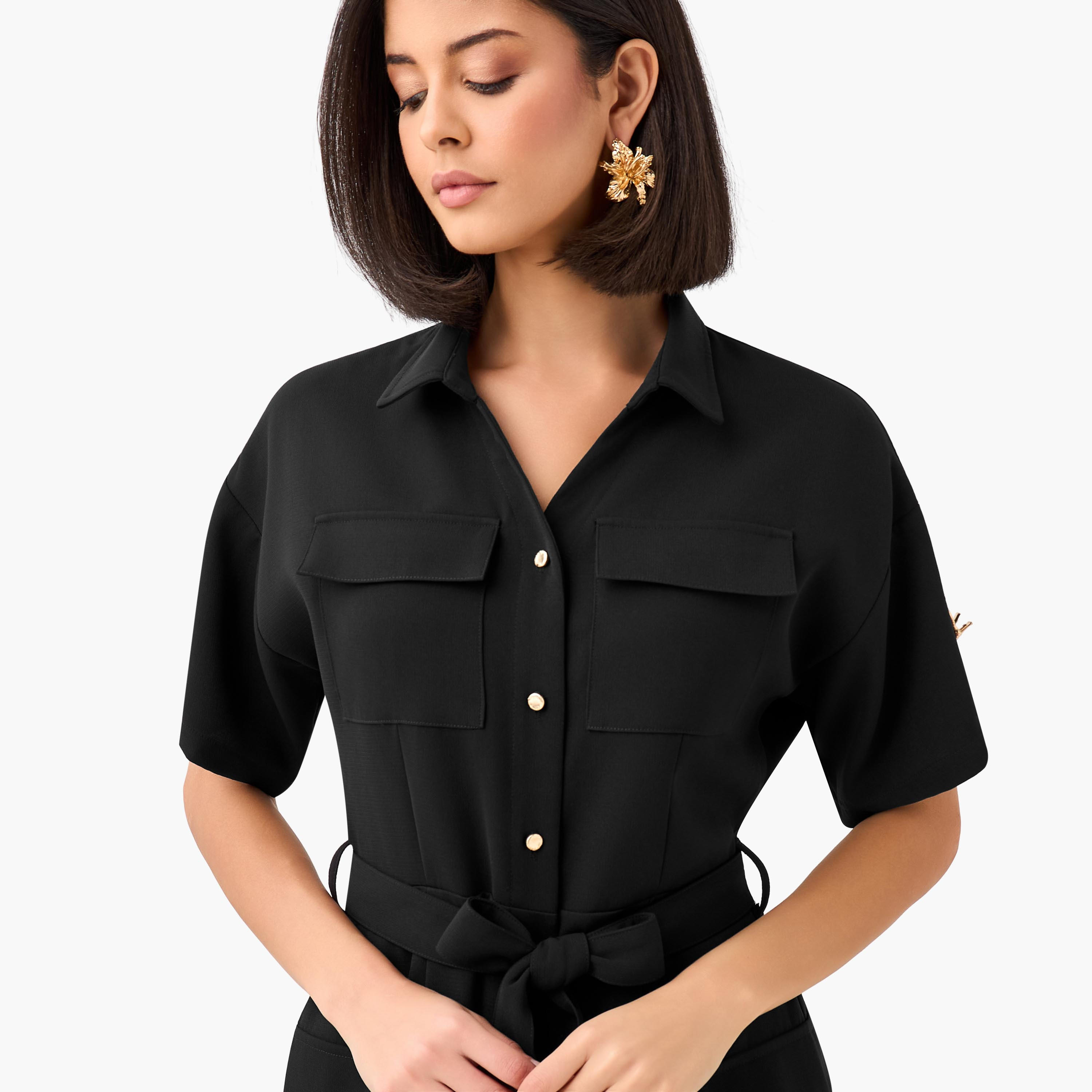 فستان قميص مزيج الكتان ميدي بحزام وتفاصيل جيوب من آيكونيك-women-clothing-dresses-image-5