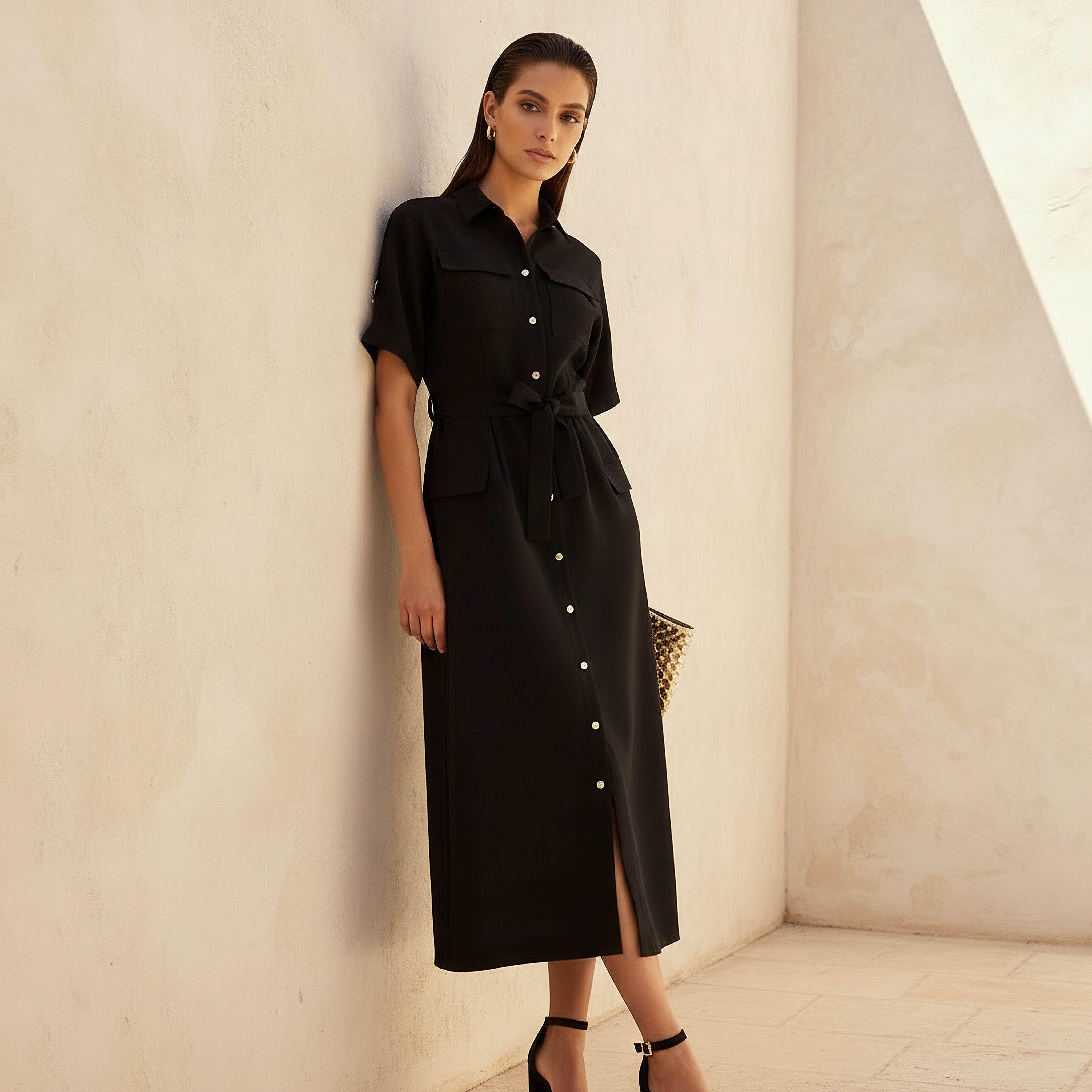 فستان قميص مزيج الكتان ميدي بحزام وتفاصيل جيوب من آيكونيك-women-clothing-dresses-image-1