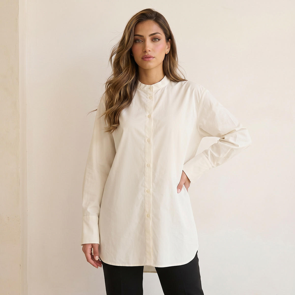 Iconic Oversized Cotton Shirt with Mandarin Collar-women-clothing-shirtsandblouses-shirts-image-1