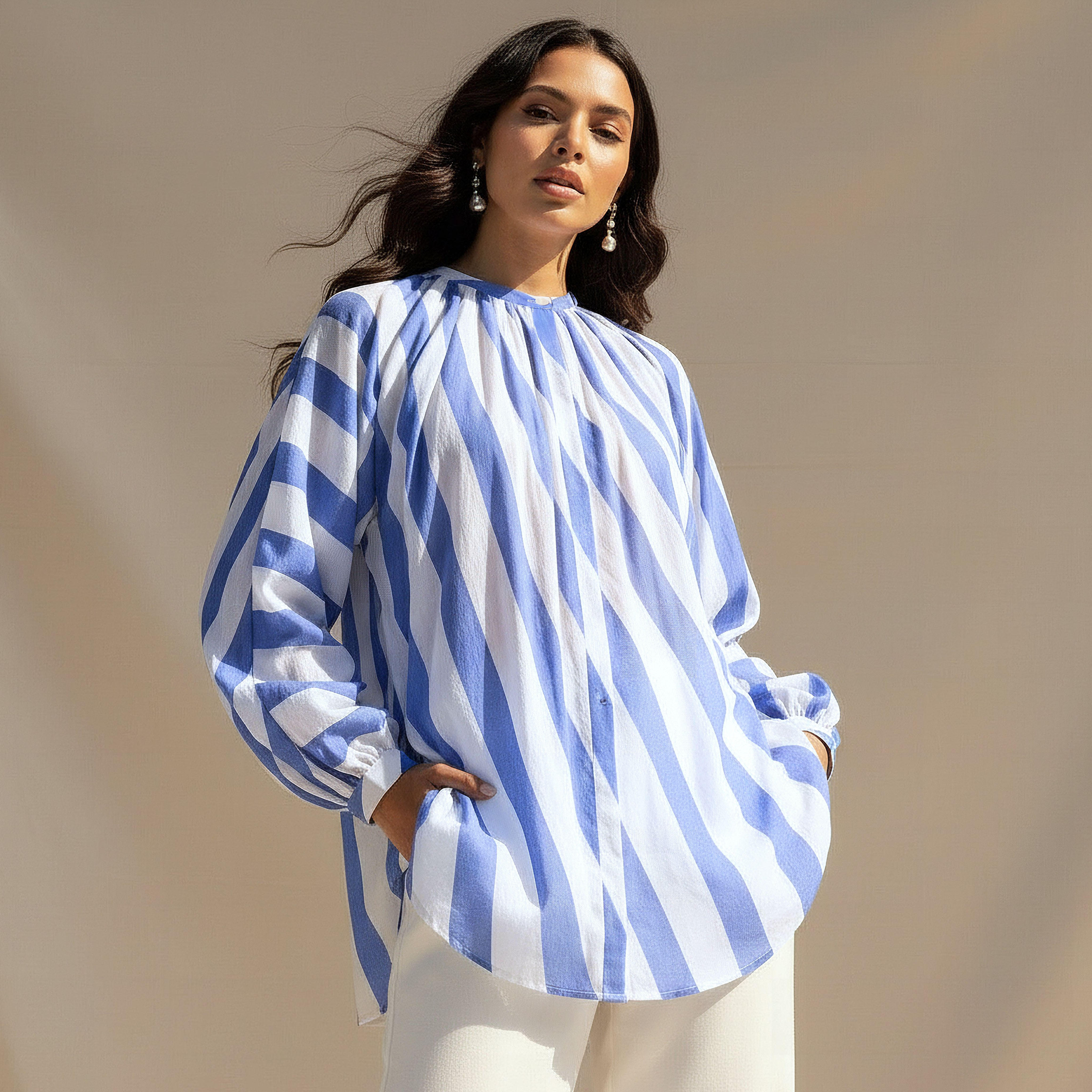 بلوزة قطن مخططة بقصة مريحة من آيكونيك-women-clothing-coordsets-image-6