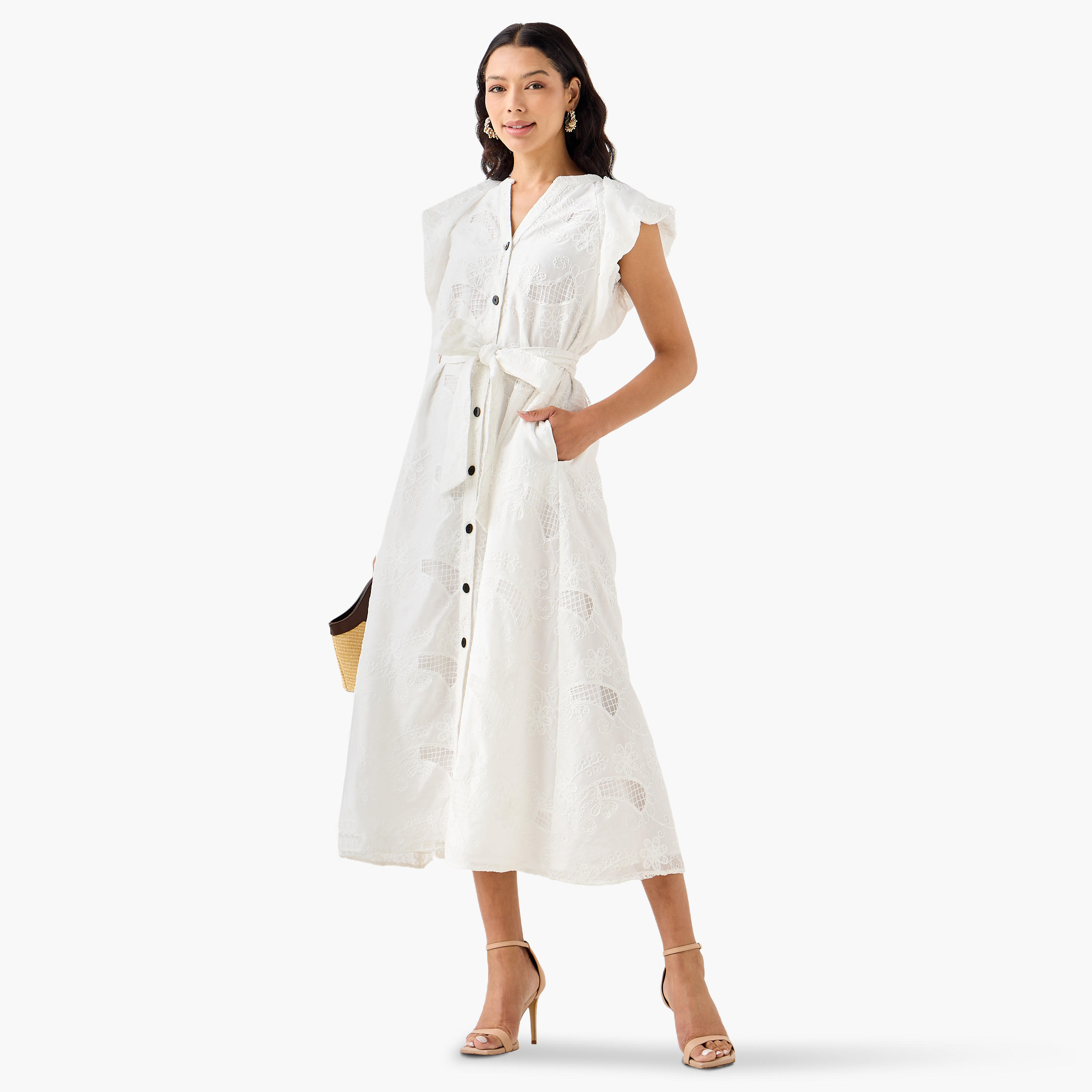 Iconic Embroidered A-line Women Dress with Tie-Up Belt-women-clothing-dresses-image-3