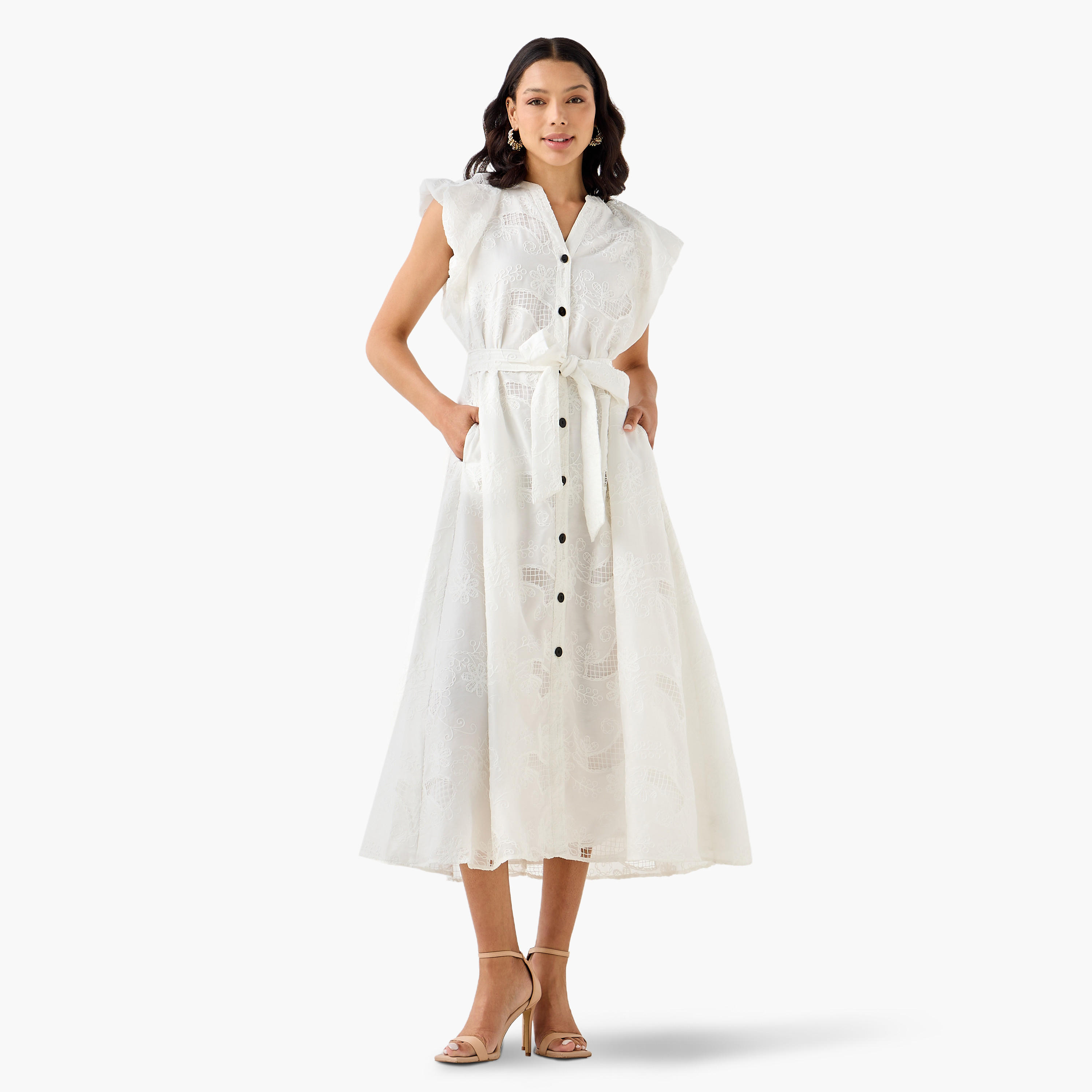 Iconic Embroidered A-line Women Dress with Tie-Up Belt-women-clothing-dresses-image-4