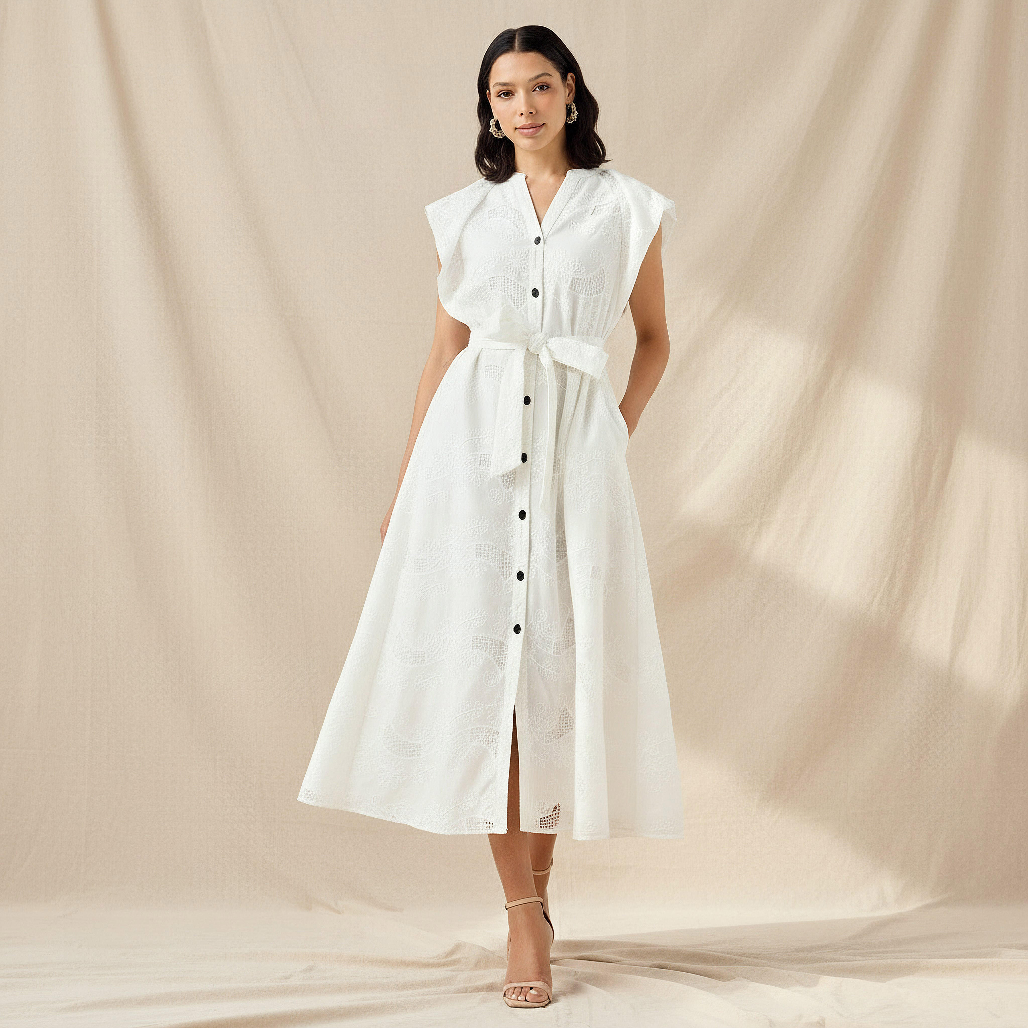 Iconic Embroidered A-line Women Dress with Tie-Up Belt-women-clothing-dresses-image-1