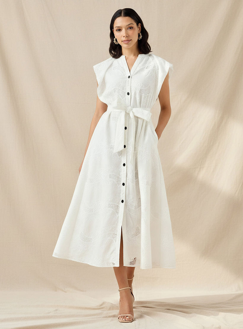 Iconic Embroidered A-line Women Dress with Tie-Up Belt-women-clothing-dresses-image-1