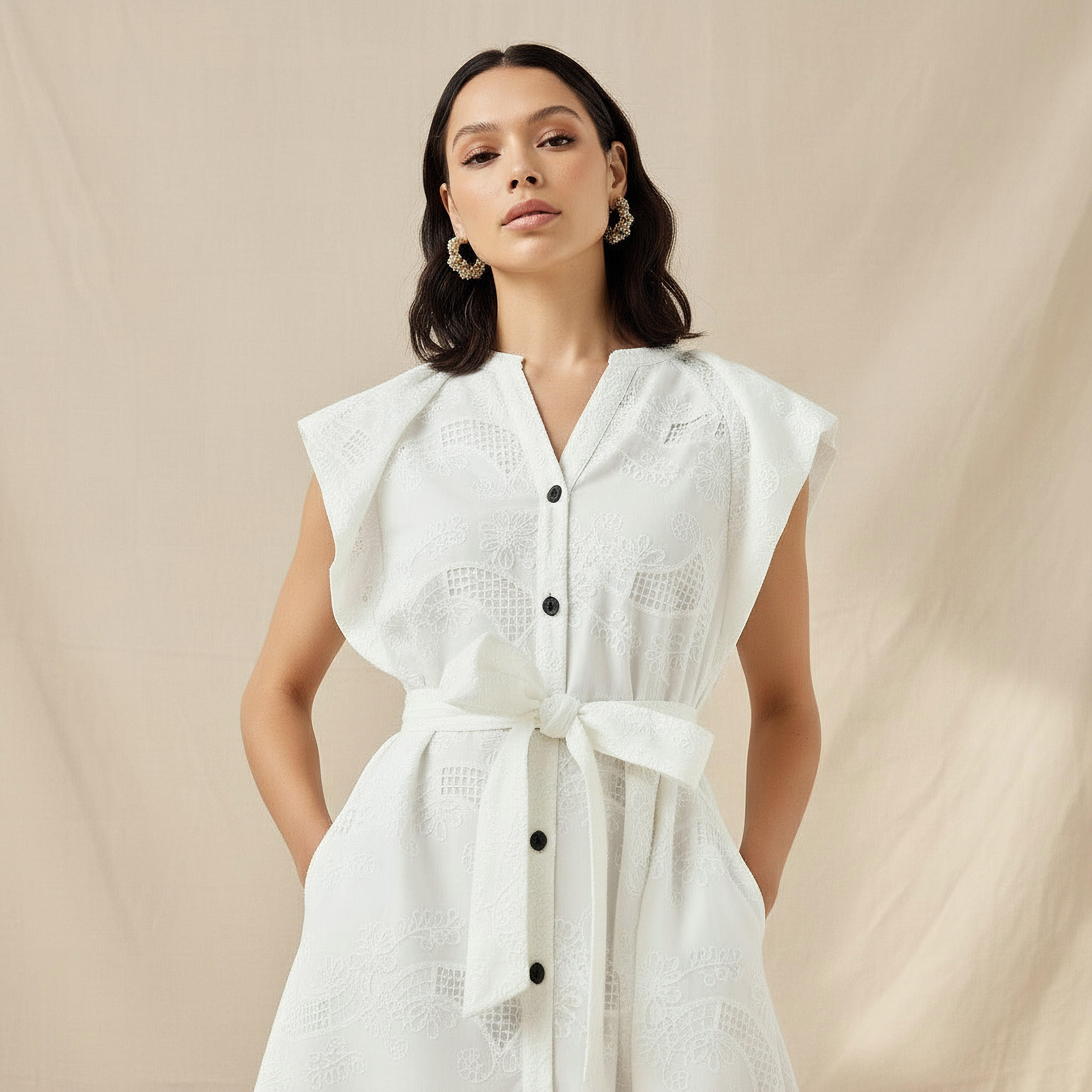 Iconic Embroidered A-line Women Dress with Tie-Up Belt-women-clothing-dresses-image-2