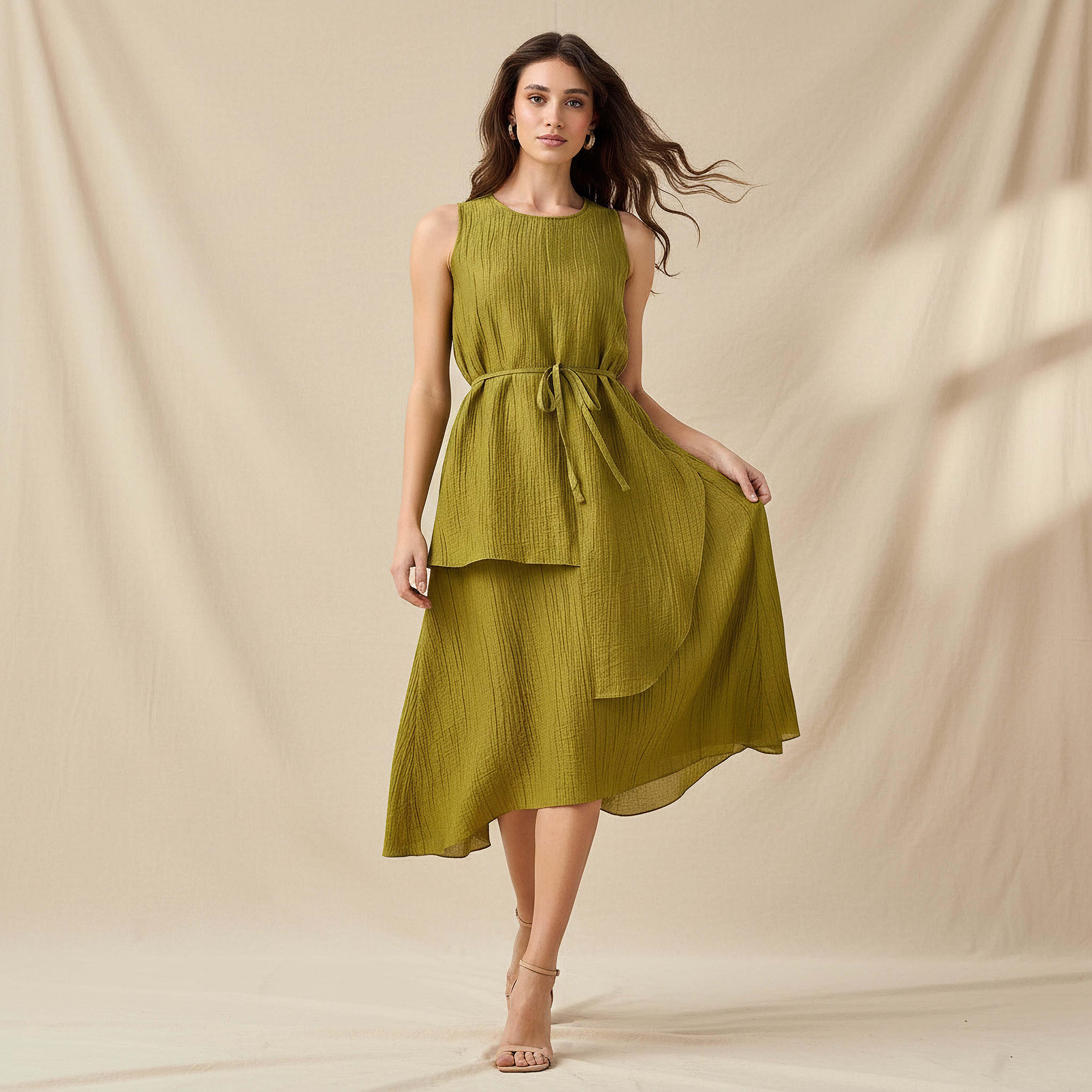 Shop Iconic Relaxed Fit Asymmetrical Linen Blend Dress with Belt Online | Splash Bahrain Shop Iconic Relaxed Fit Asymmetrical Linen Blend Dress with Belt Online | Splash Bahrain