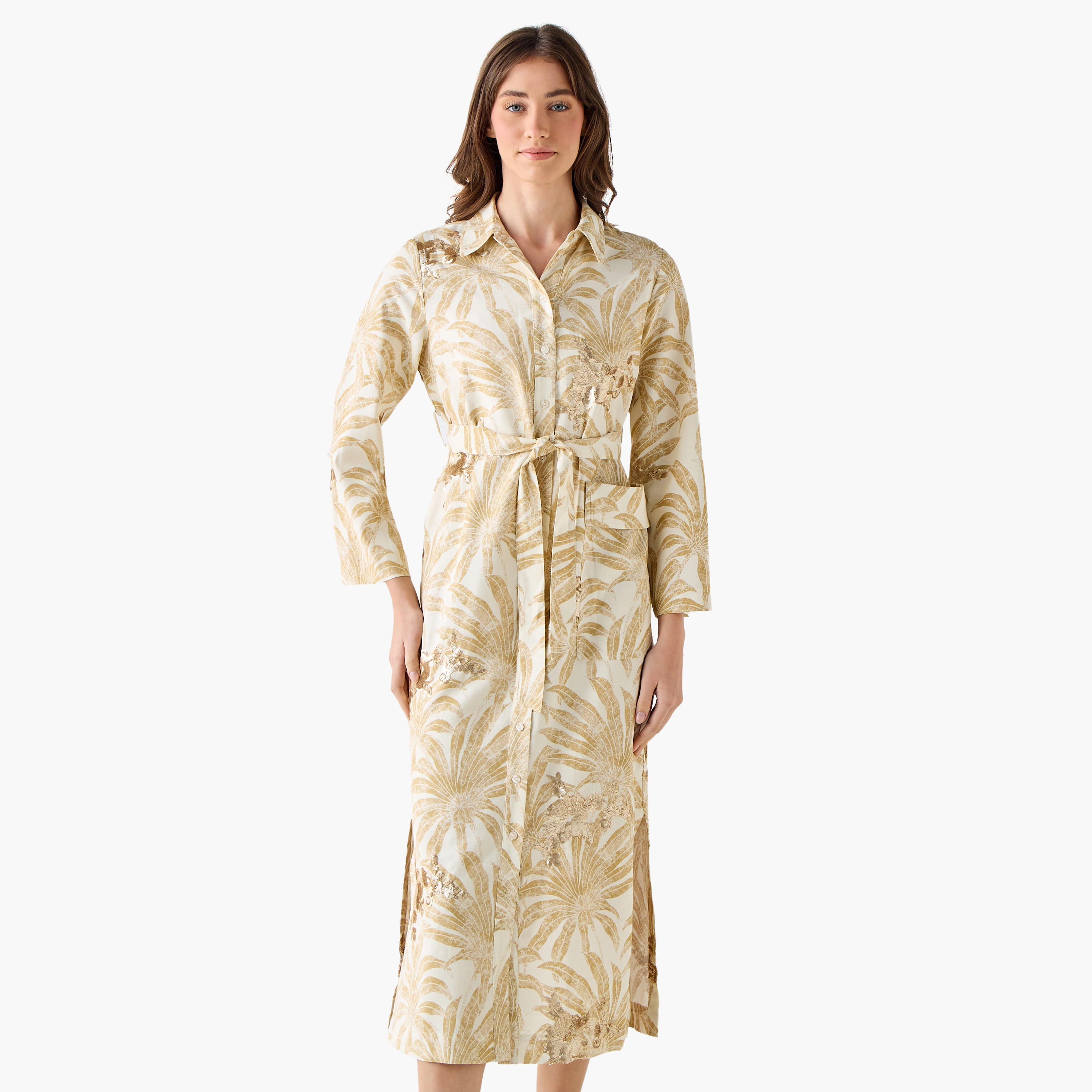 Iconic Printed Women Linen Blend Shirt Dress with Tie-Up Belt-women-clothing-dresses-image-2