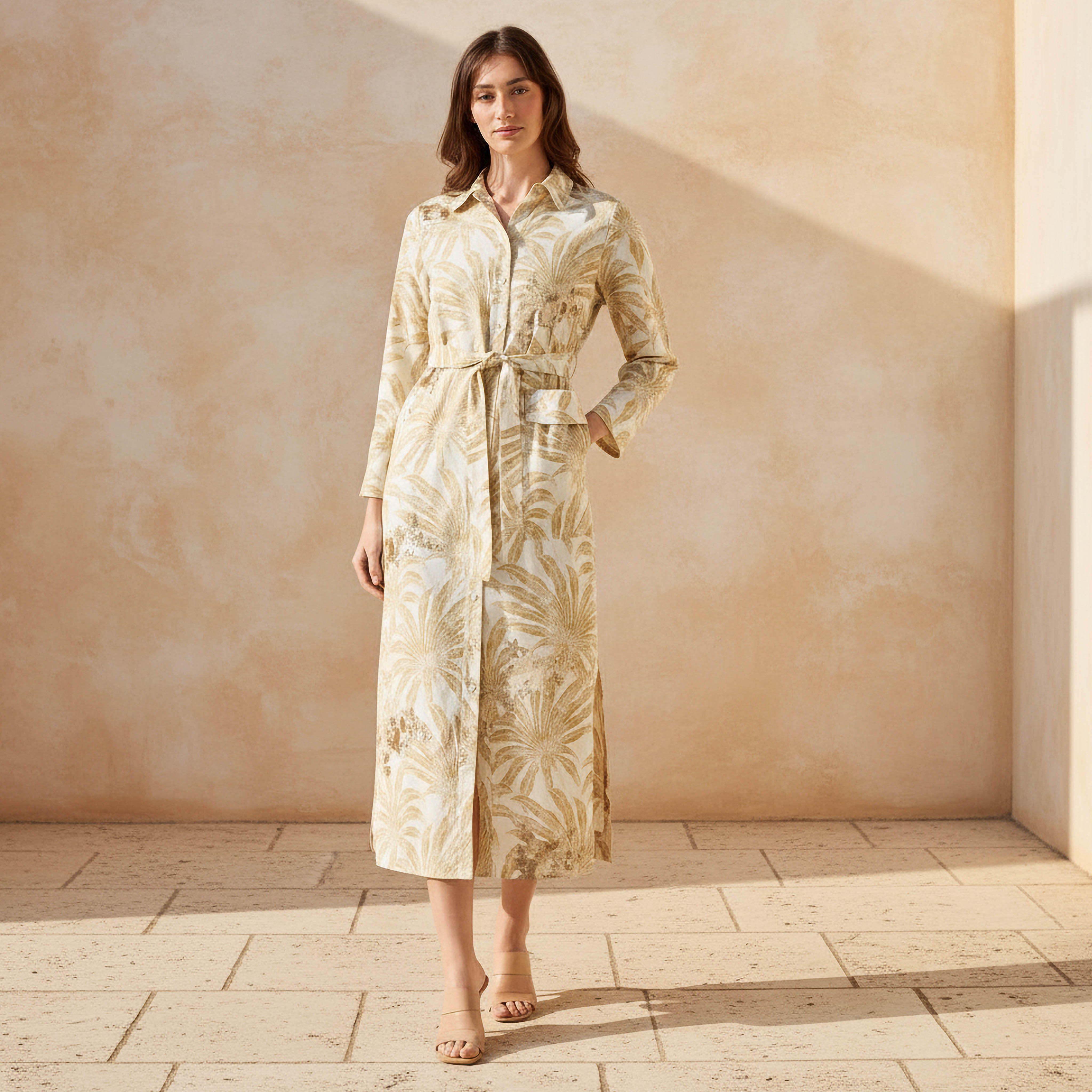 Iconic Printed Women Linen Blend Shirt Dress with Tie-Up Belt-women-clothing-dresses-image-1