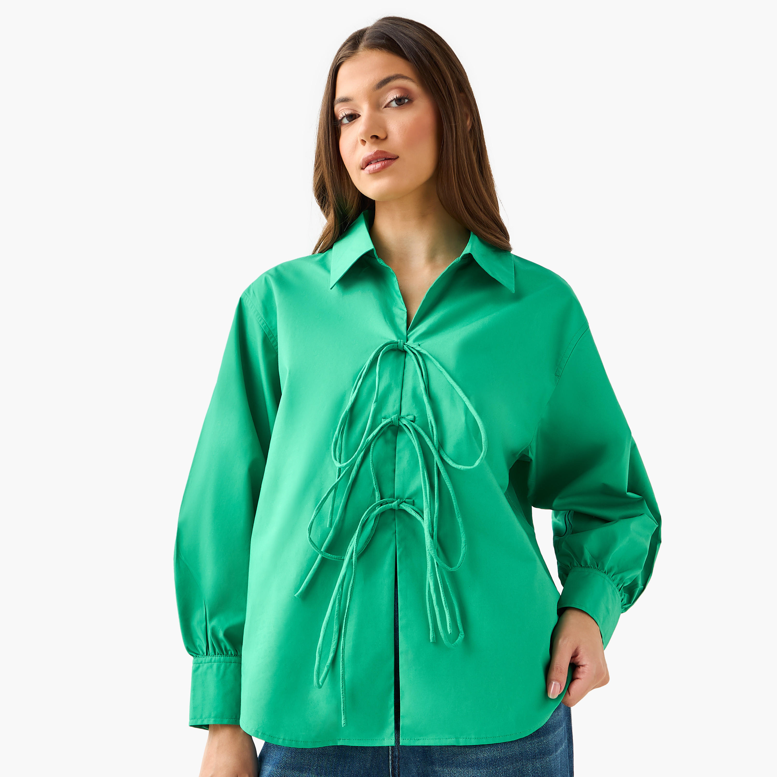 قميص قطن مريح بأربطة من أيكونيك-women-clothing-shirtsandblouses-shirts-image-5