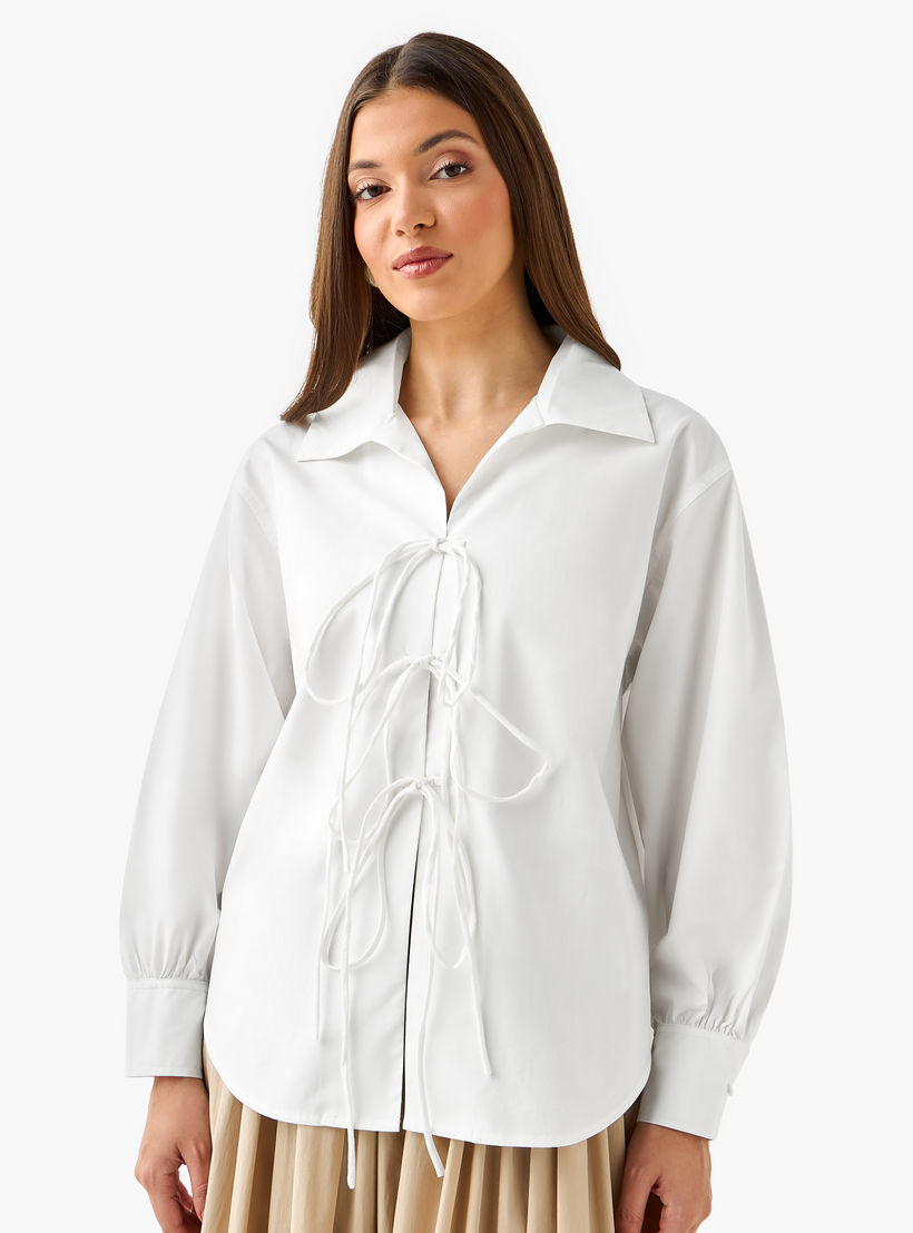 Iconic Relaxed Fit Cotton Shirt with Tie-Ups-women-clothing-shirtsandblouses-shirts-image-2