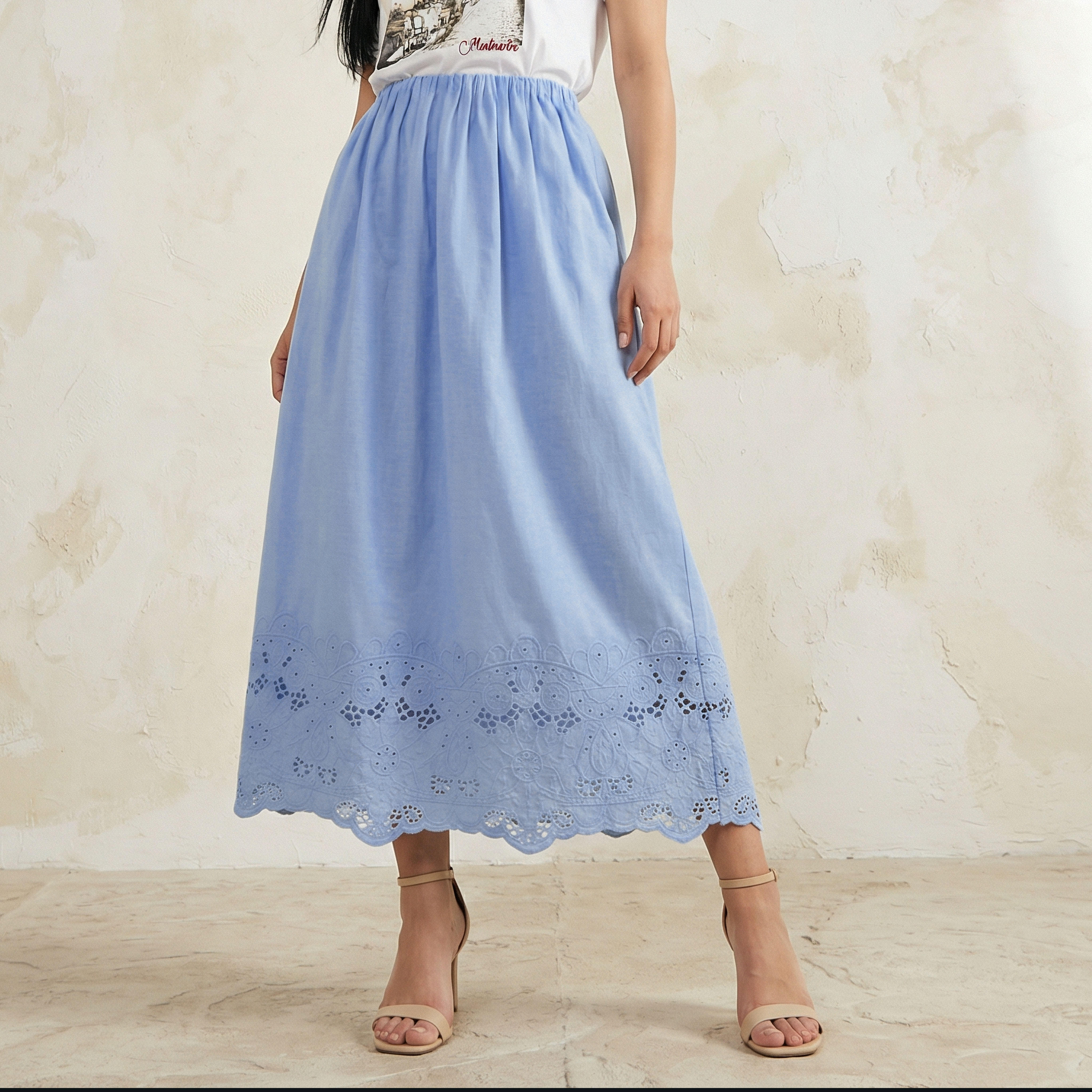 تنورة ميدي قطن بحافة مطرزة وتفاصيل كسرات من أيكونيك-women-clothing-bottoms-skirts-image-1
