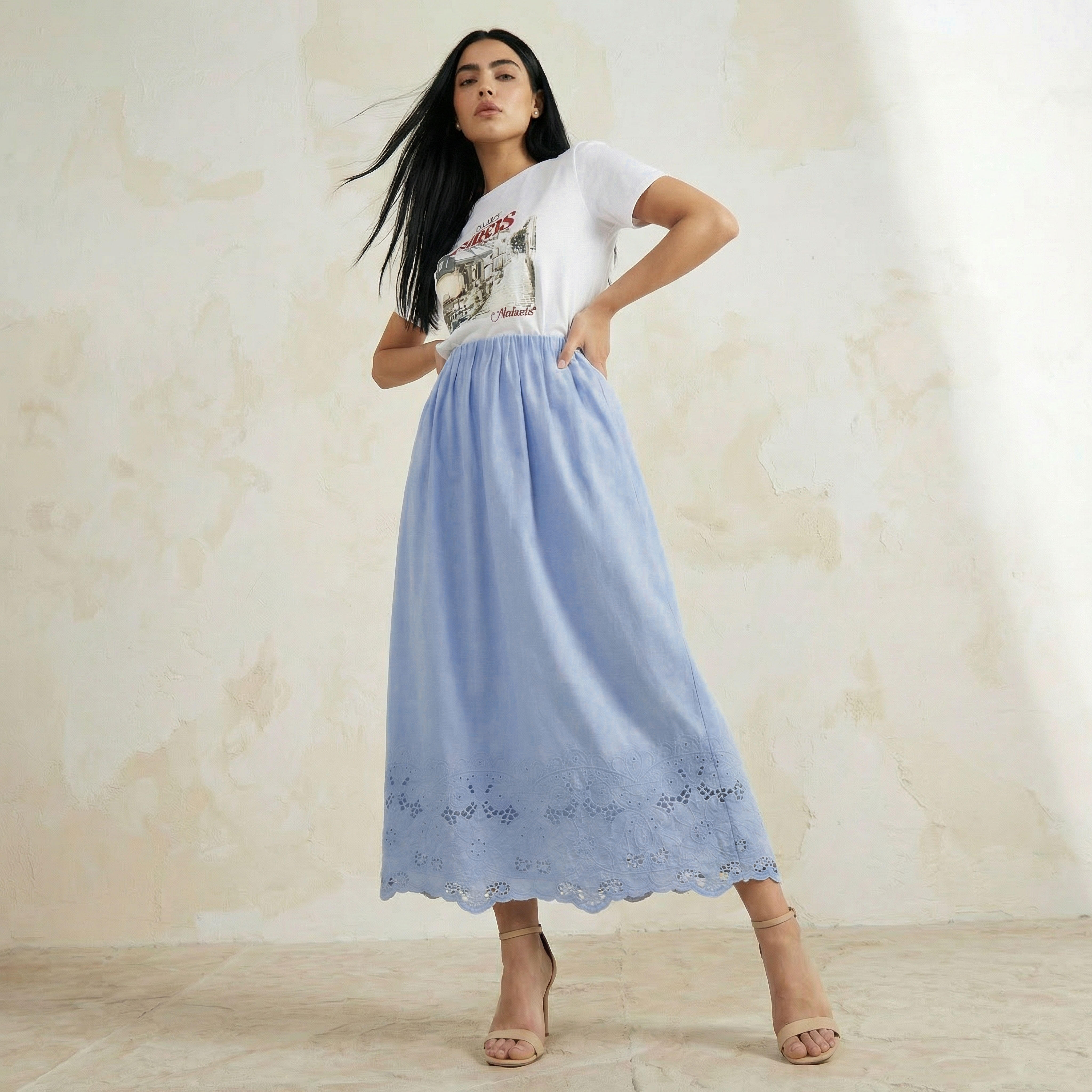 تنورة ميدي قطن بحافة مطرزة وتفاصيل كسرات من أيكونيك-women-clothing-bottoms-skirts-image-3