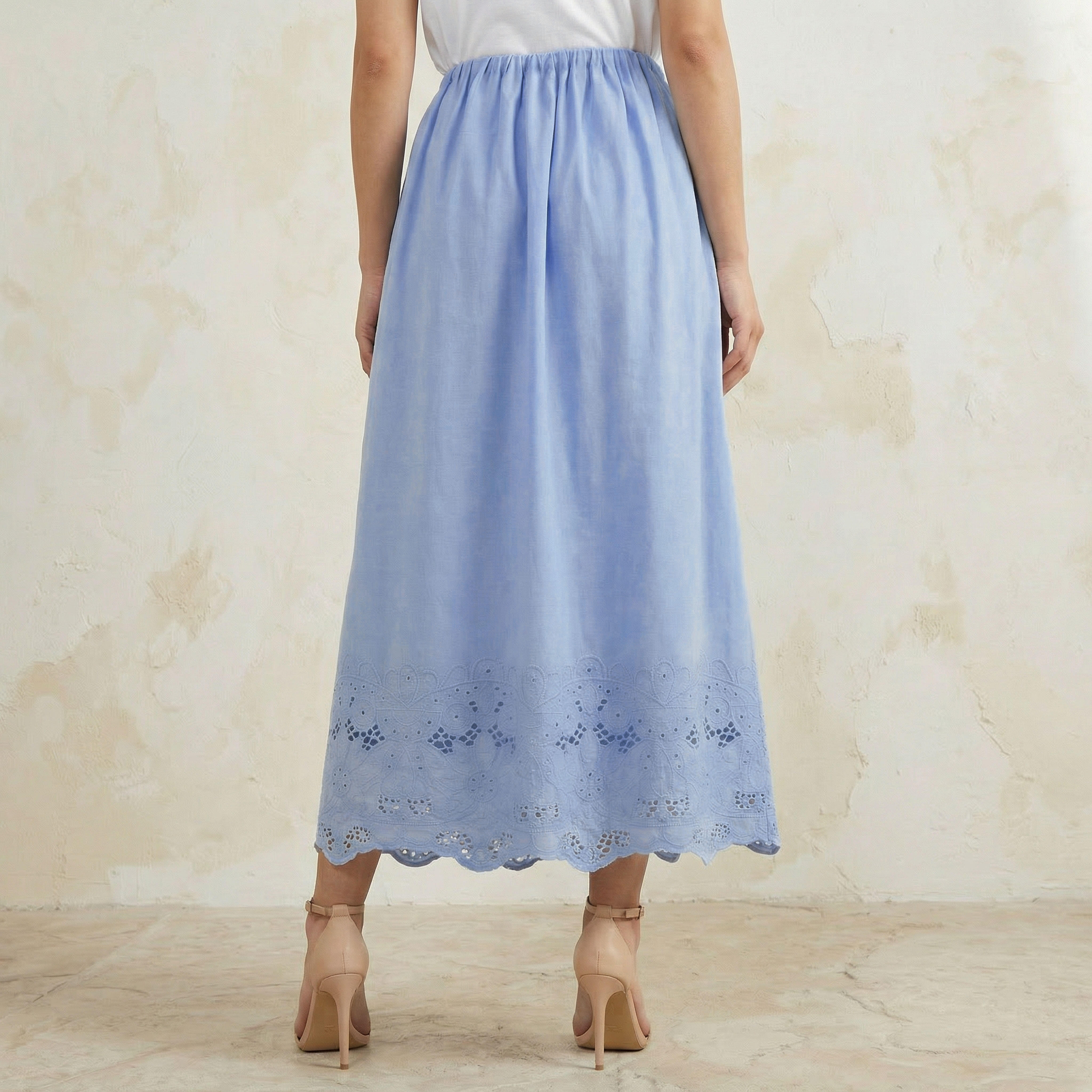 تنورة ميدي قطن بحافة مطرزة وتفاصيل كسرات من أيكونيك-women-clothing-bottoms-skirts-image-4