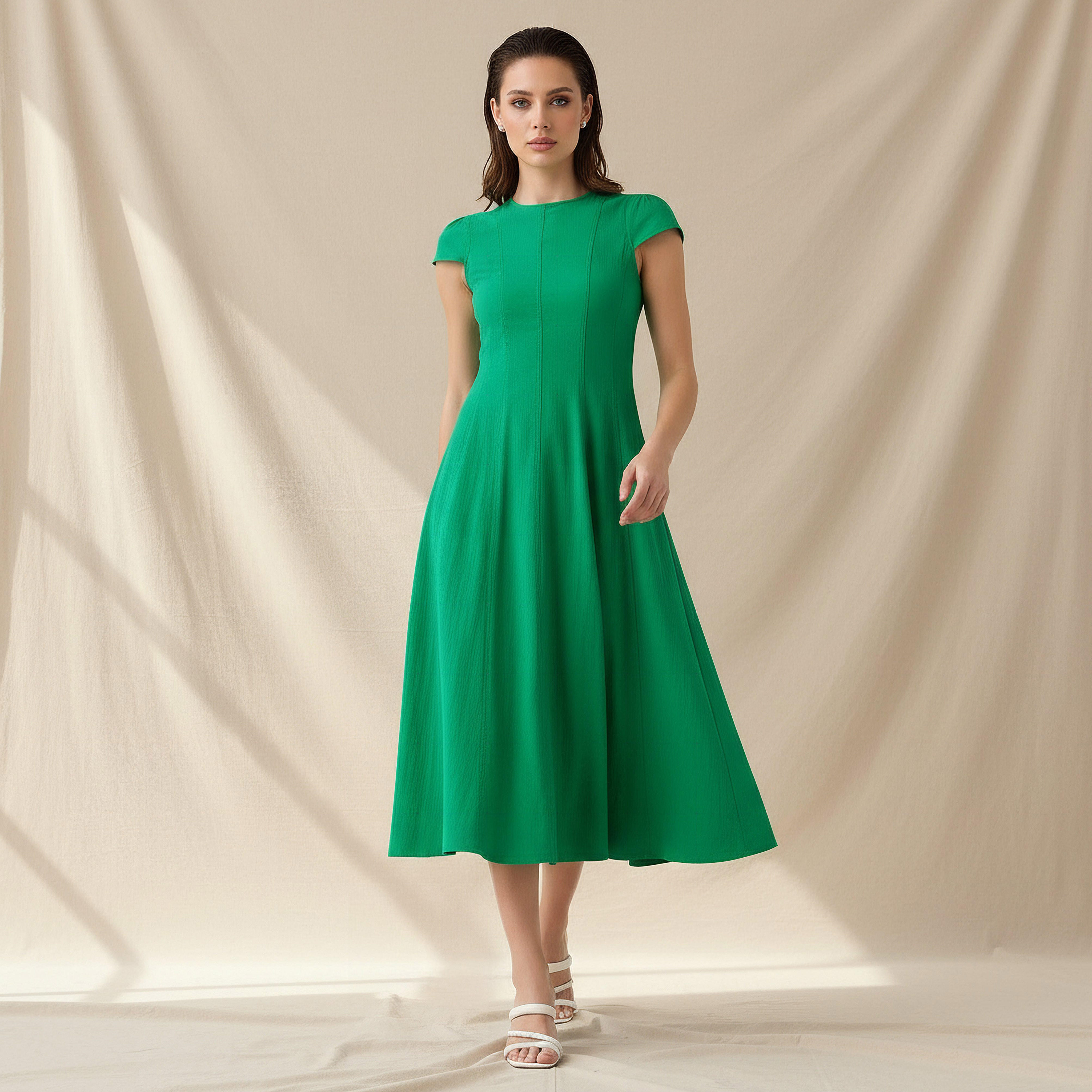 Iconic A-line Midi Dress with Cap Sleeves-women-clothing-dresses-image-1