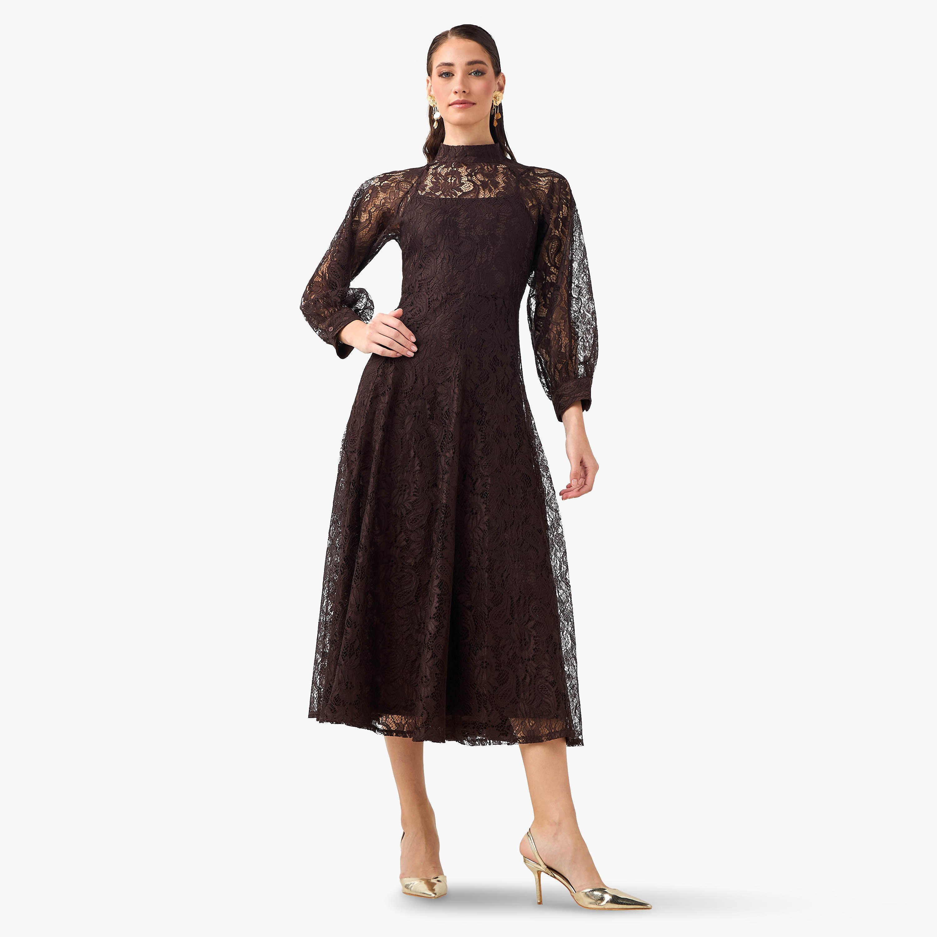 فستان إيه لاين ميدي بتفاصيل دانتيل من آيكونيك-women-clothing-dresses-image-2