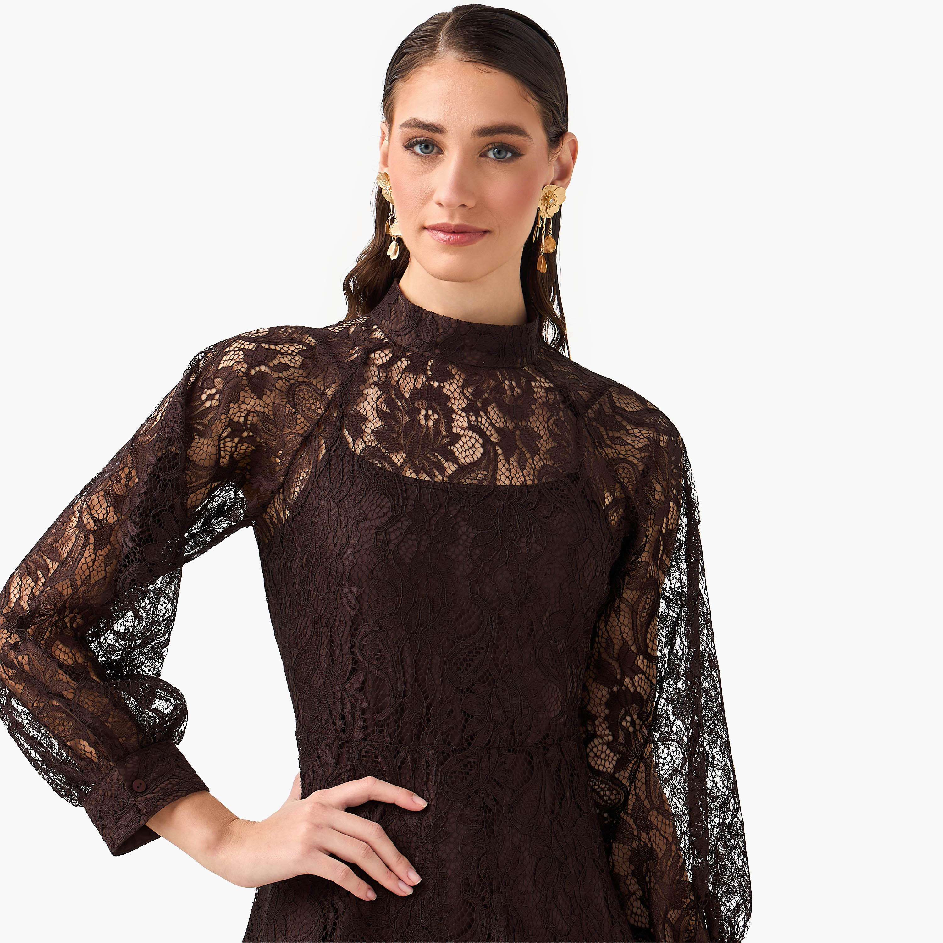 فستان إيه لاين ميدي بتفاصيل دانتيل من آيكونيك-women-clothing-dresses-image-4
