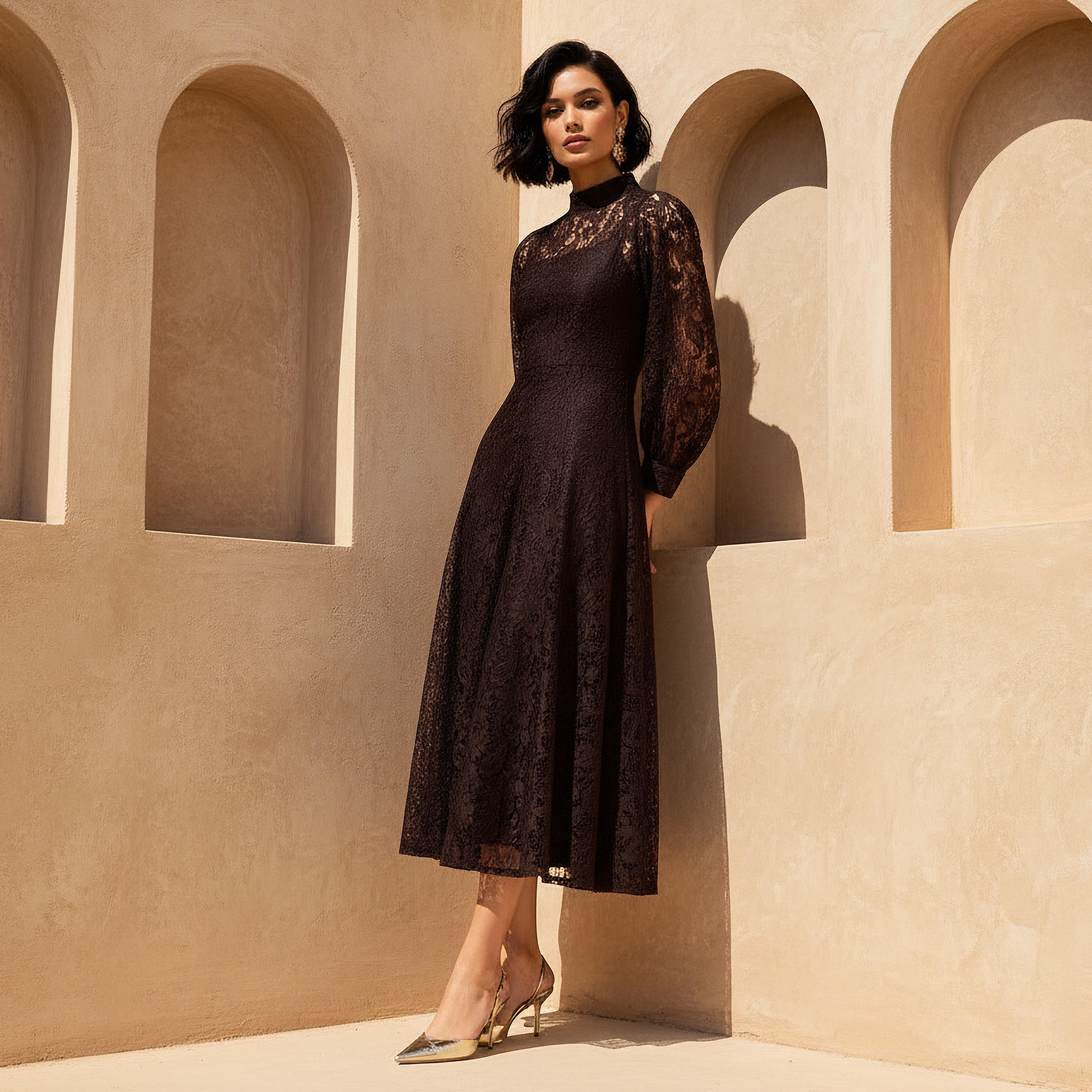 فستان إيه لاين ميدي بتفاصيل دانتيل من آيكونيك-women-clothing-dresses-image-1
