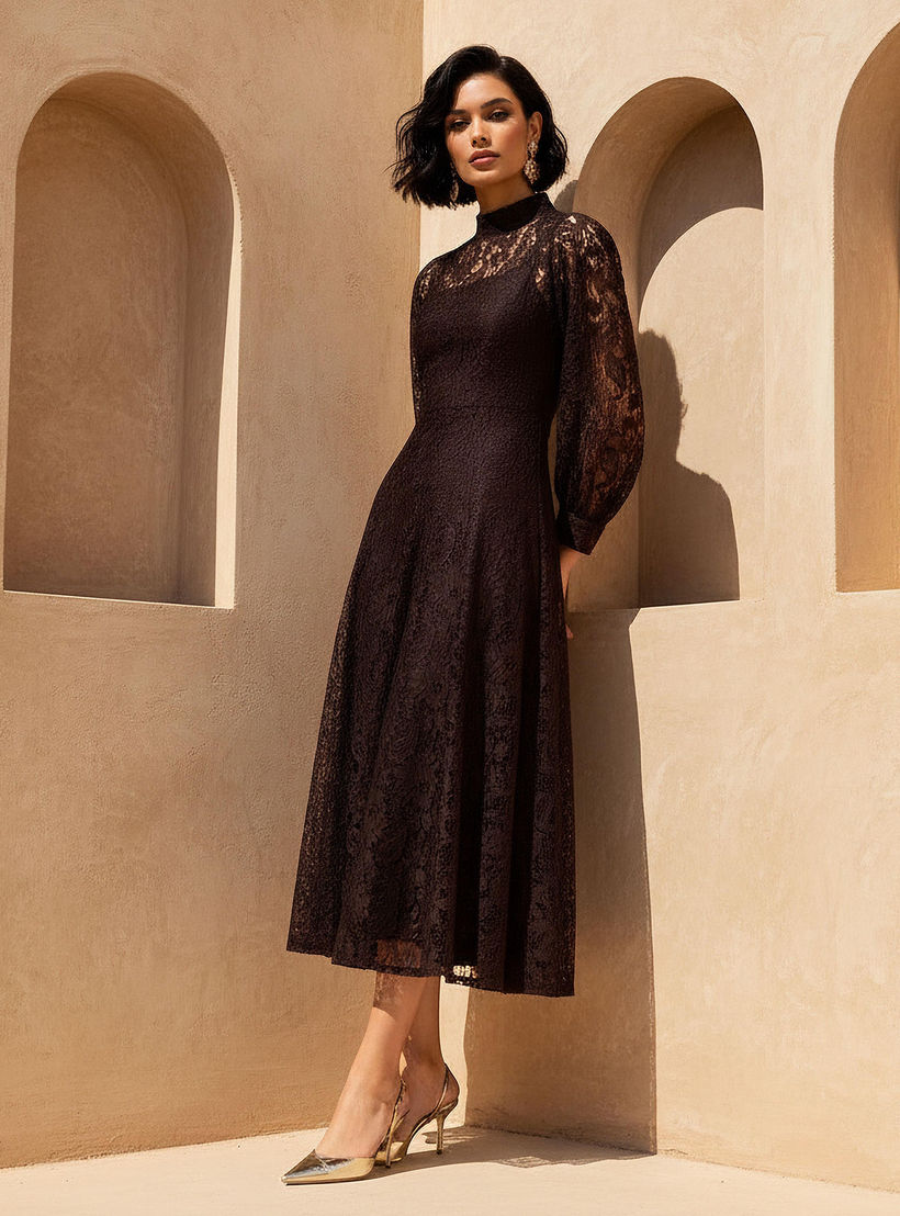 فستان إيه لاين ميدي بتفاصيل دانتيل من آيكونيك-women-clothing-dresses-image-1