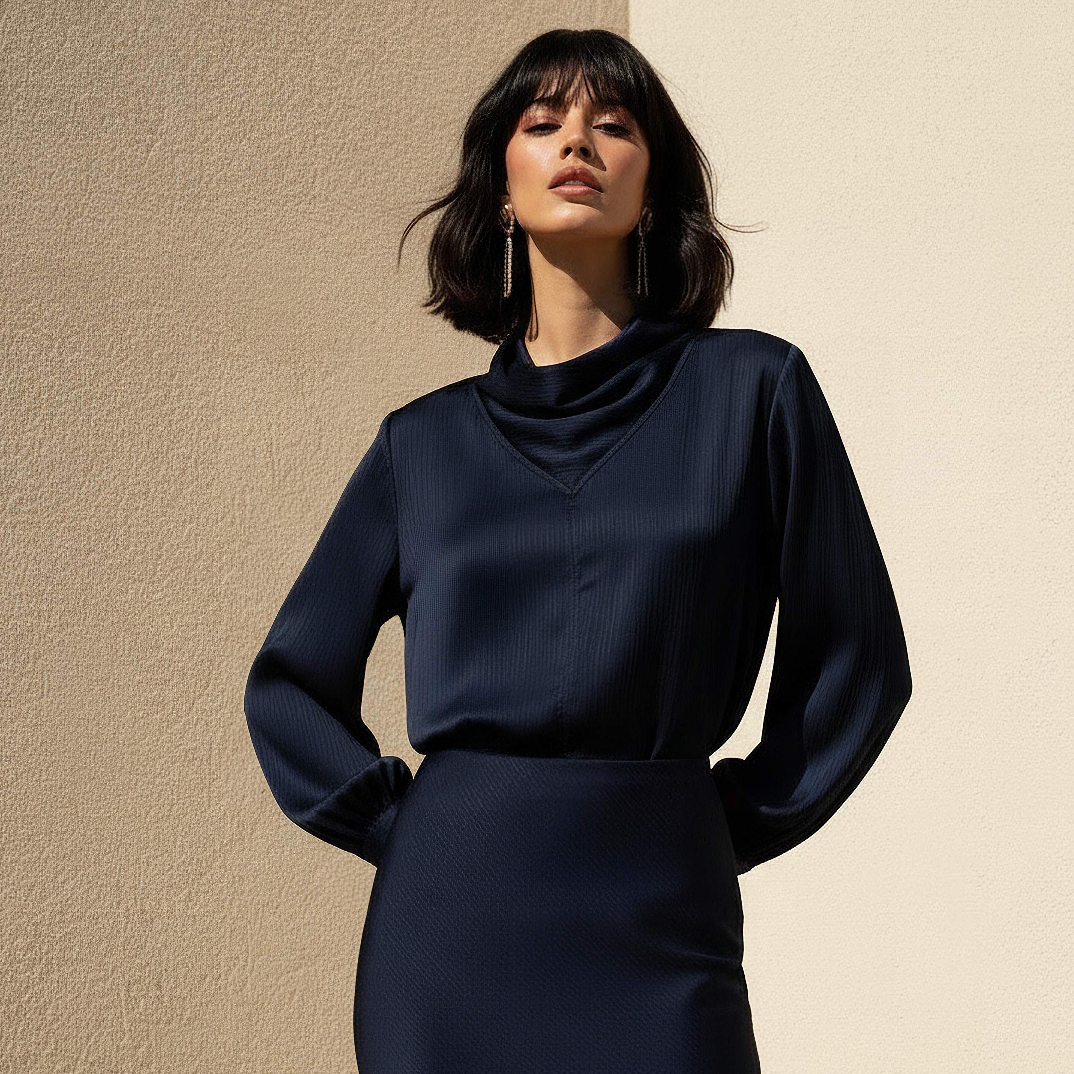بلوزة ساتان بياقة عالية وأكمام طويلة من آيكونيك-women-clothing-coordsets-image-2