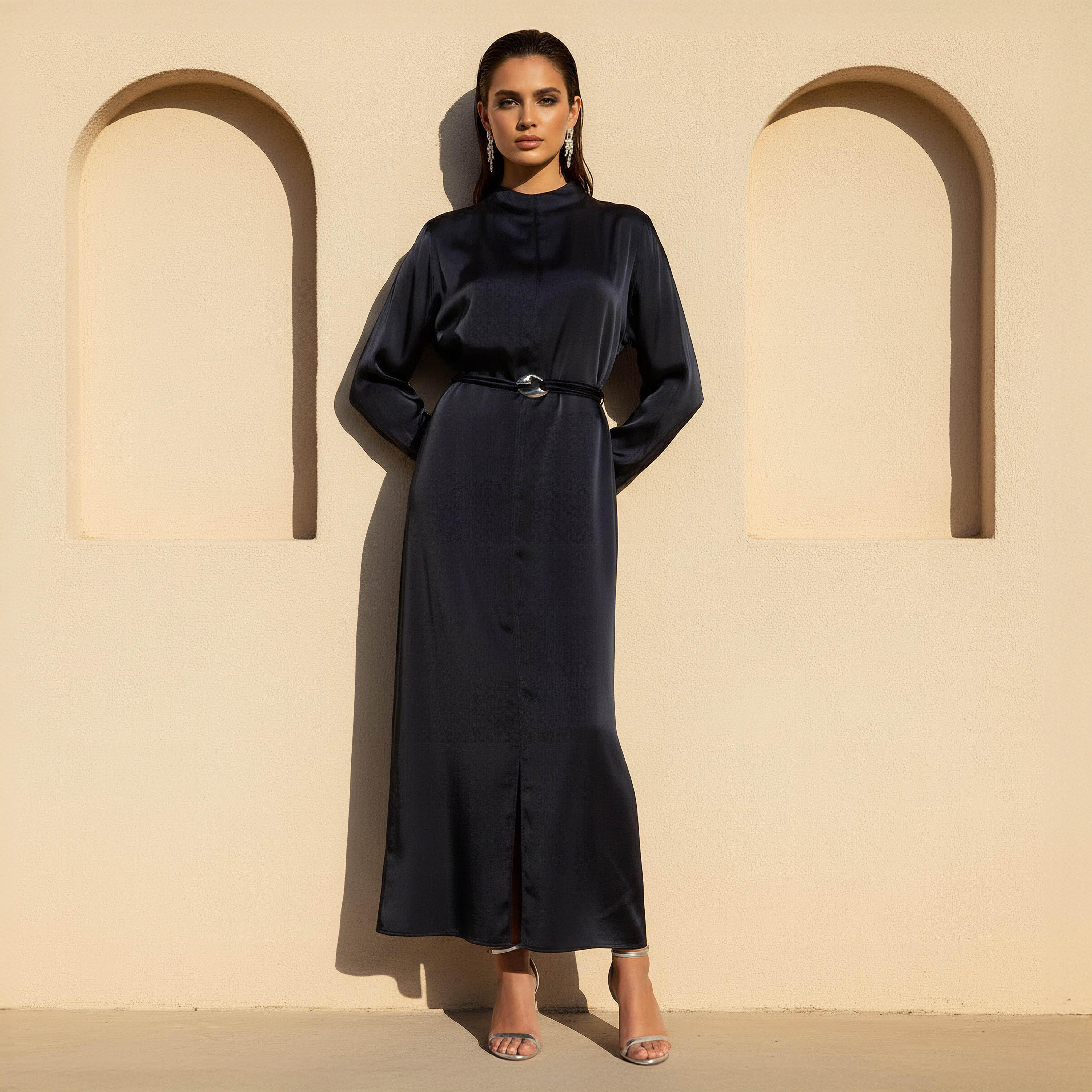 فستان ميدي بقصة إيه لاين ساتان بحزام من أيكونيك-women-clothing-dresses-image-1