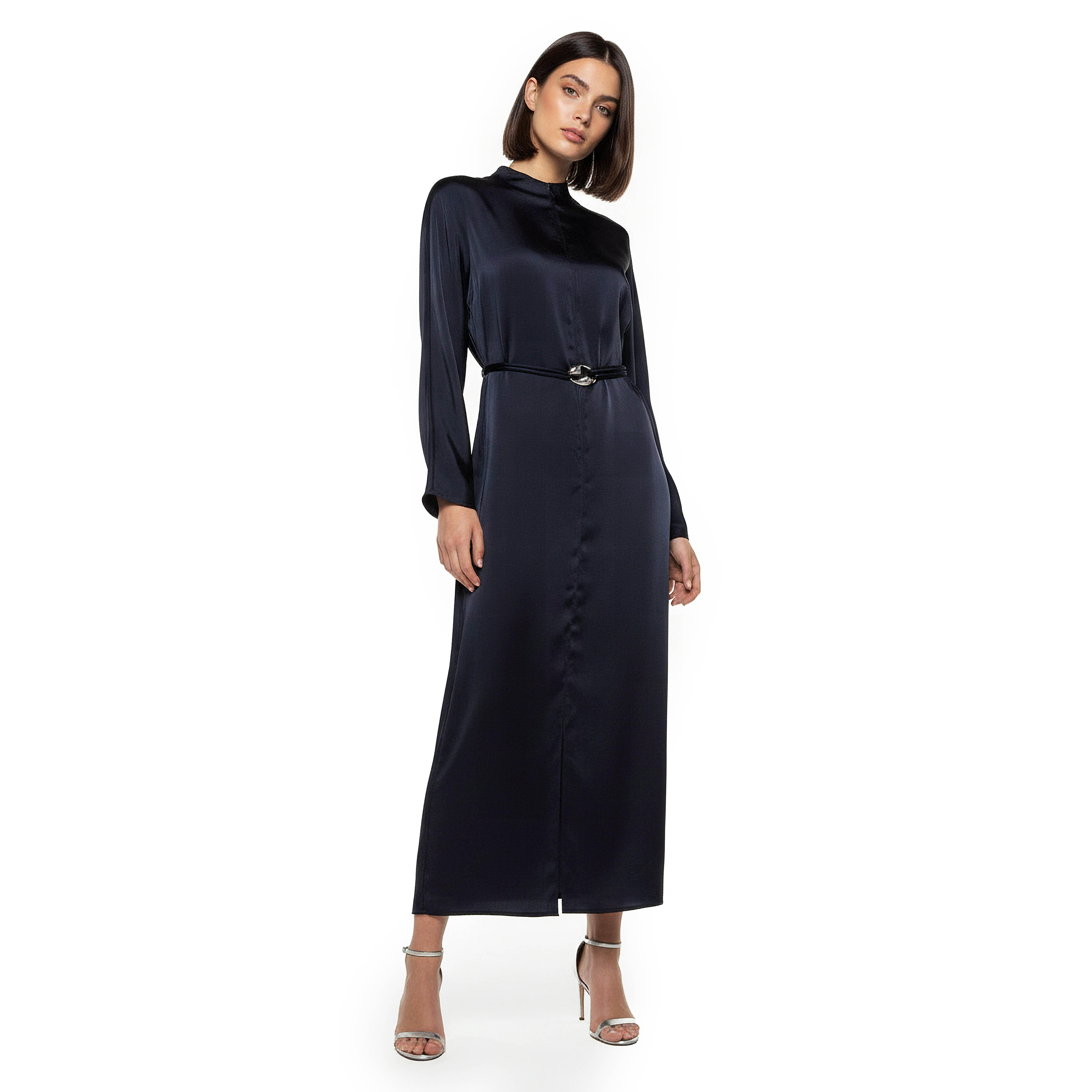 فستان ميدي بقصة إيه لاين ساتان بحزام من أيكونيك-women-clothing-dresses-image-3