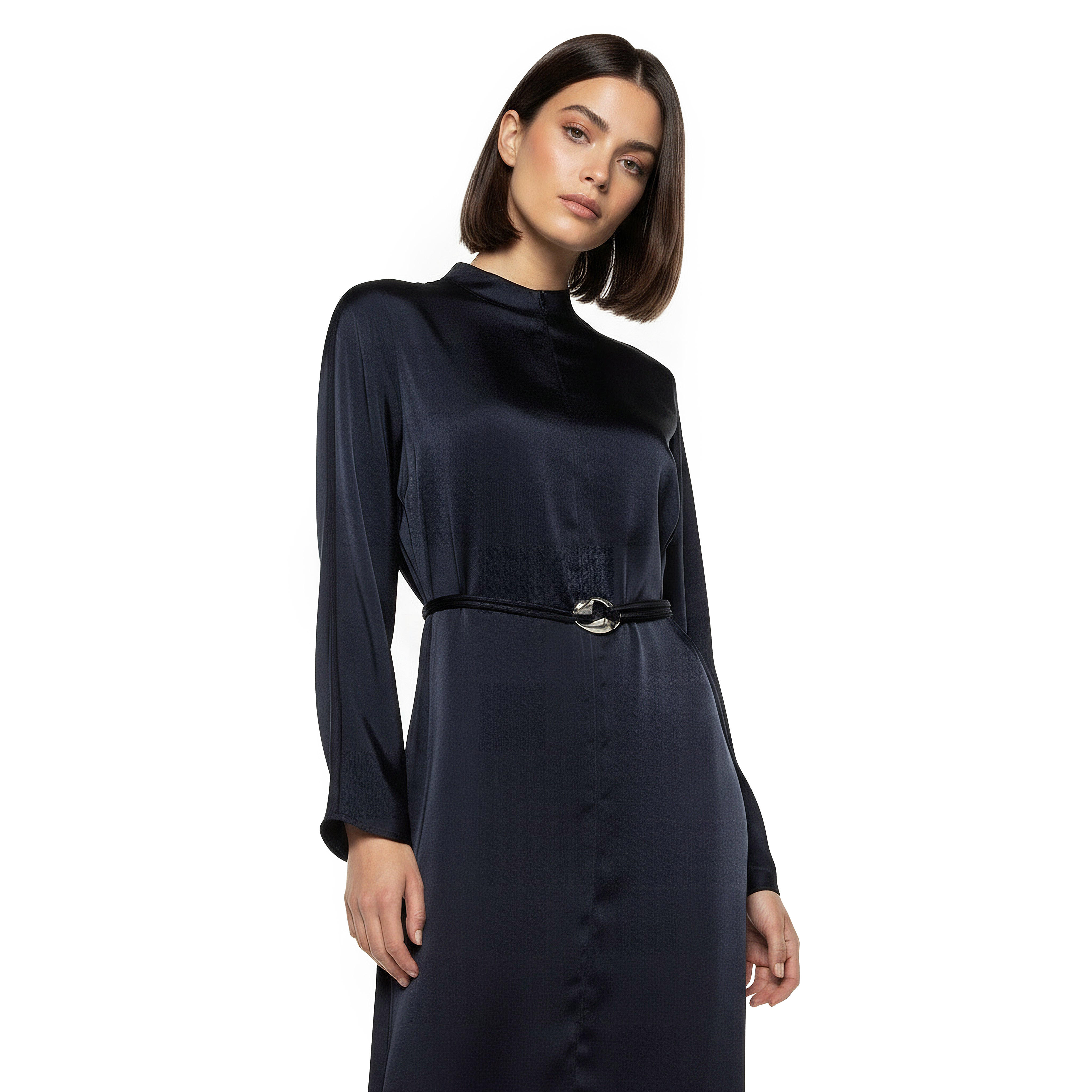 فستان ميدي بقصة إيه لاين ساتان بحزام من أيكونيك-women-clothing-dresses-image-5