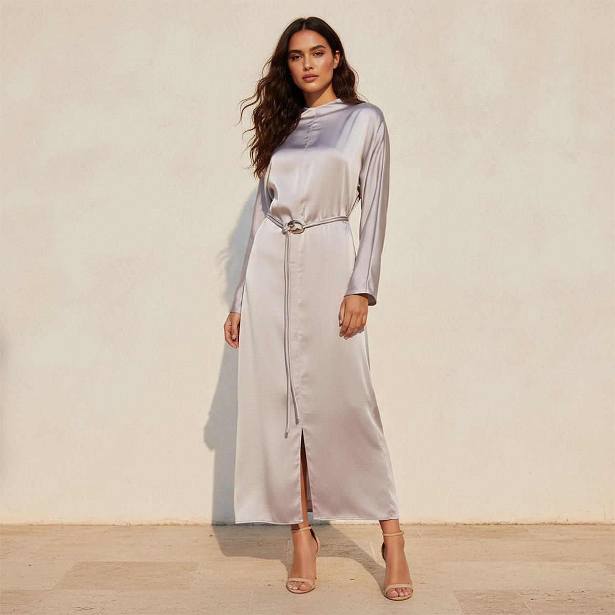 Iconic A-line Midi Satin Dress with Belt Detail-women-clothing-dresses-image-1