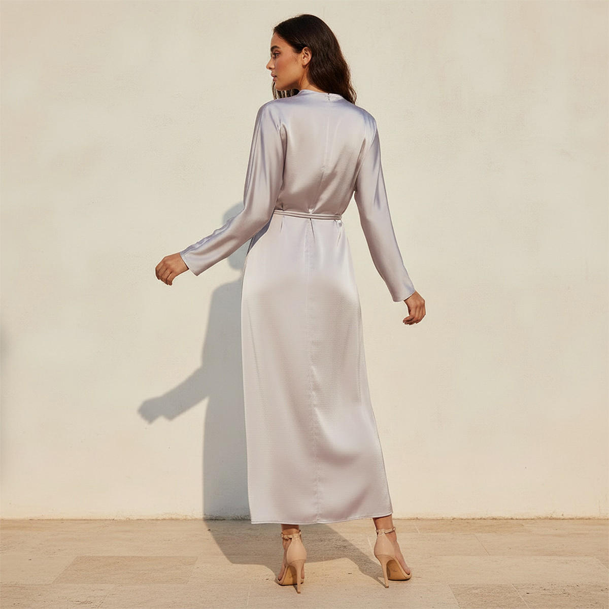 Iconic A-line Midi Satin Dress with Belt Detail-women-clothing-dresses-image-3