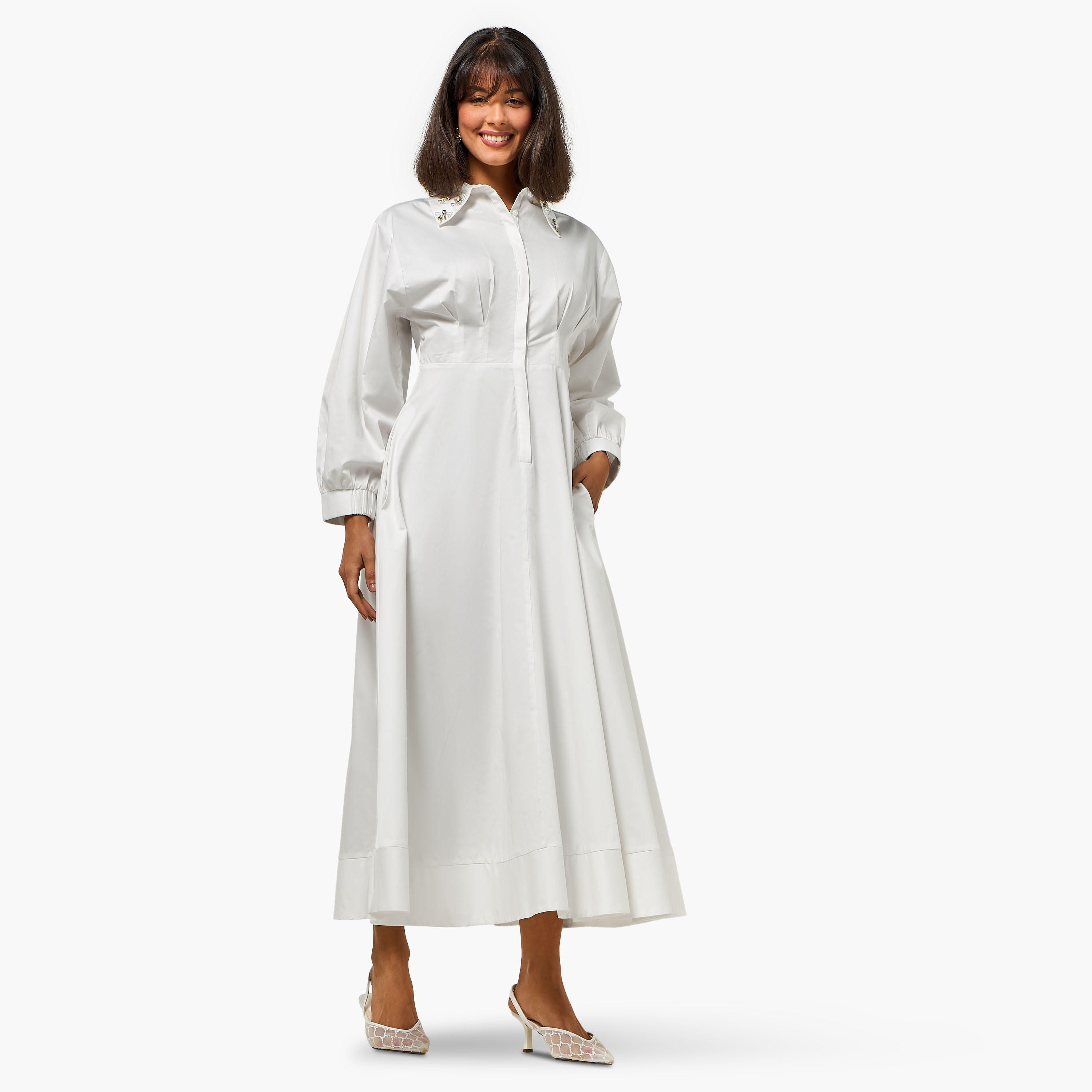 فستان قميص بياقة مزينة وكسرات للنساء من آيكونيك-women-clothing-dresses-image-2