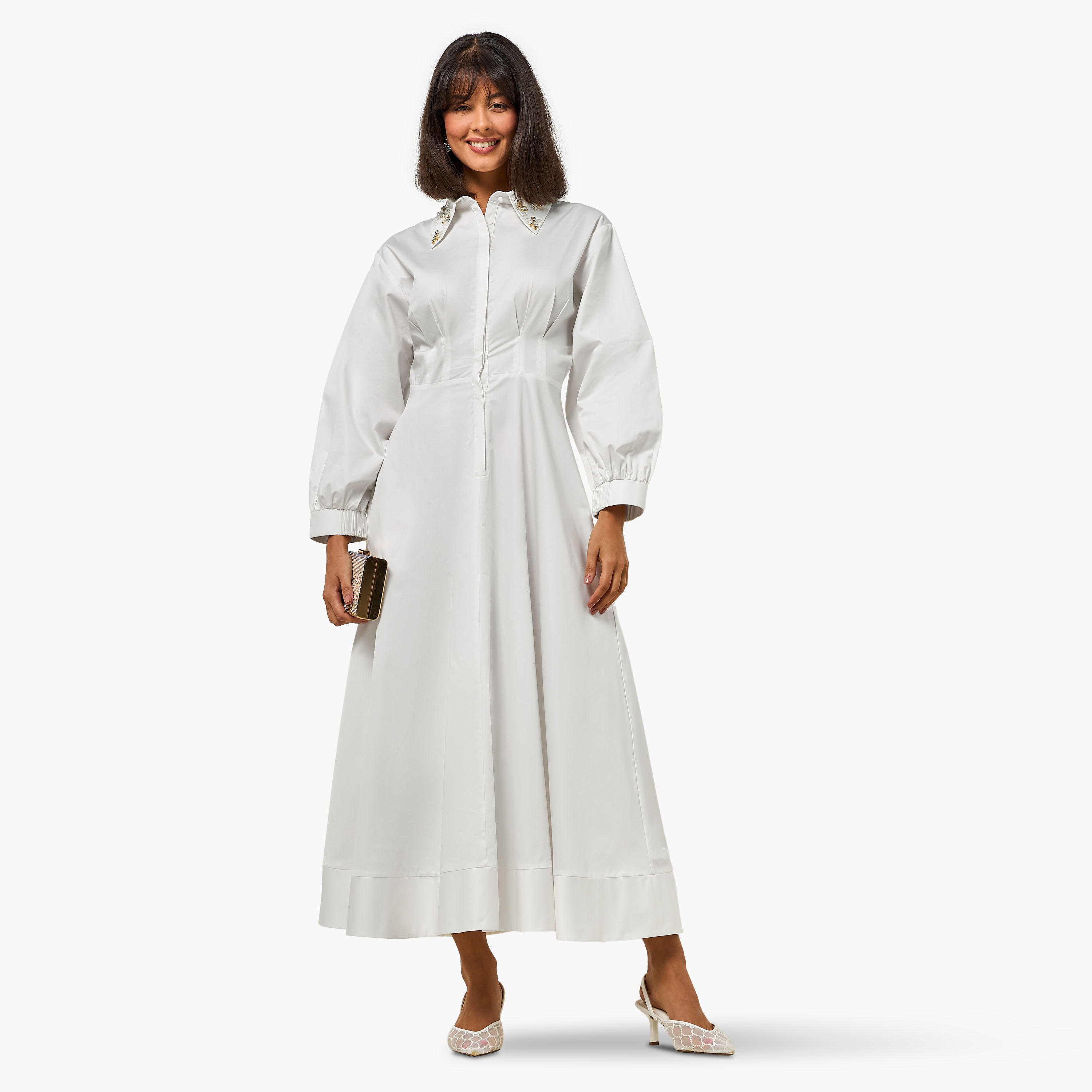 فستان قميص بياقة مزينة وكسرات للنساء من آيكونيك-women-clothing-dresses-image-4
