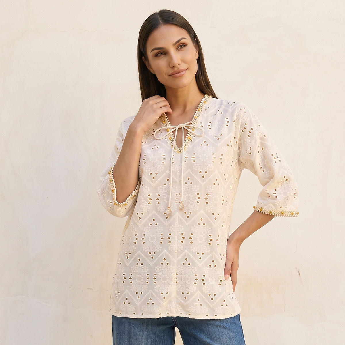 Splash Iconic Relaxed Fit Cotton Top Tassle Tie-Ups-women-clothing-shirtsandblouses-blouses-image-1